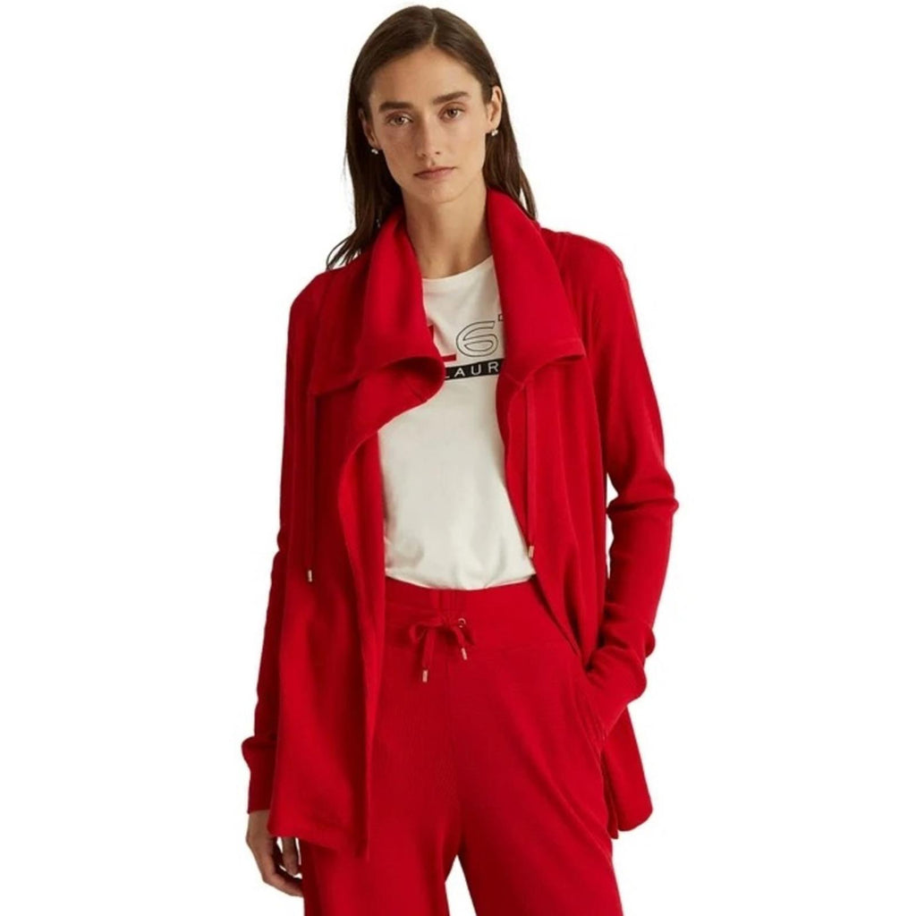 Lauren Ralph Lauren RED Thermal Tie Hooded Waffle Knit Cardigan Size XL NEW