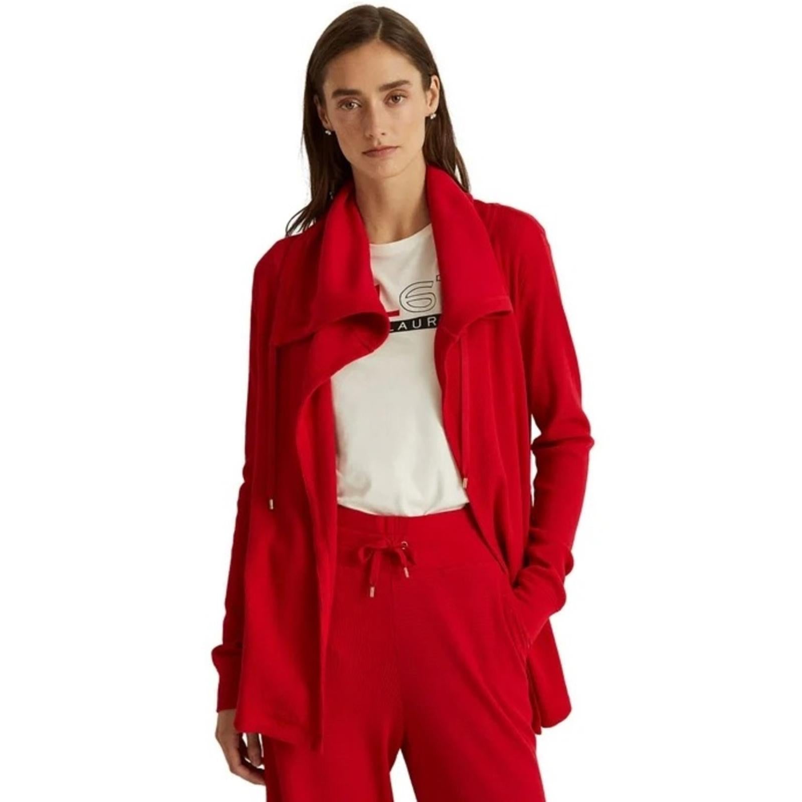 Lauren Ralph Lauren RED Thermal Tie Hooded Waffle Knit Cardigan Size XL NEW