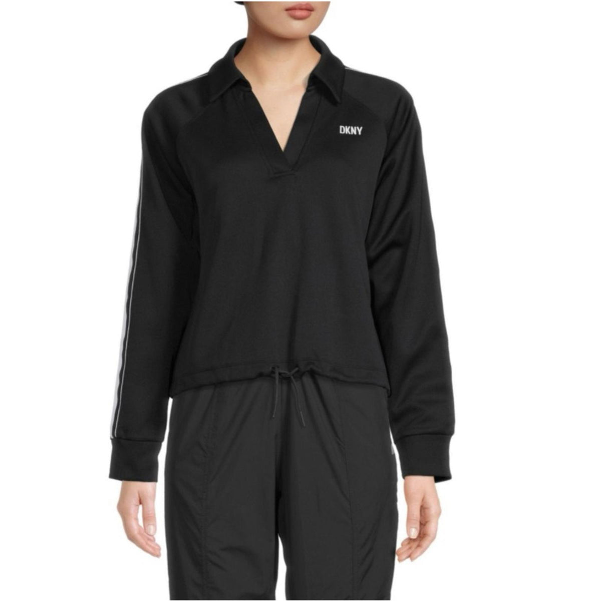 DKNY SPORT Tape Sleeve Drawstring Hem Pullover Top, Black Size XL New w/o Tag