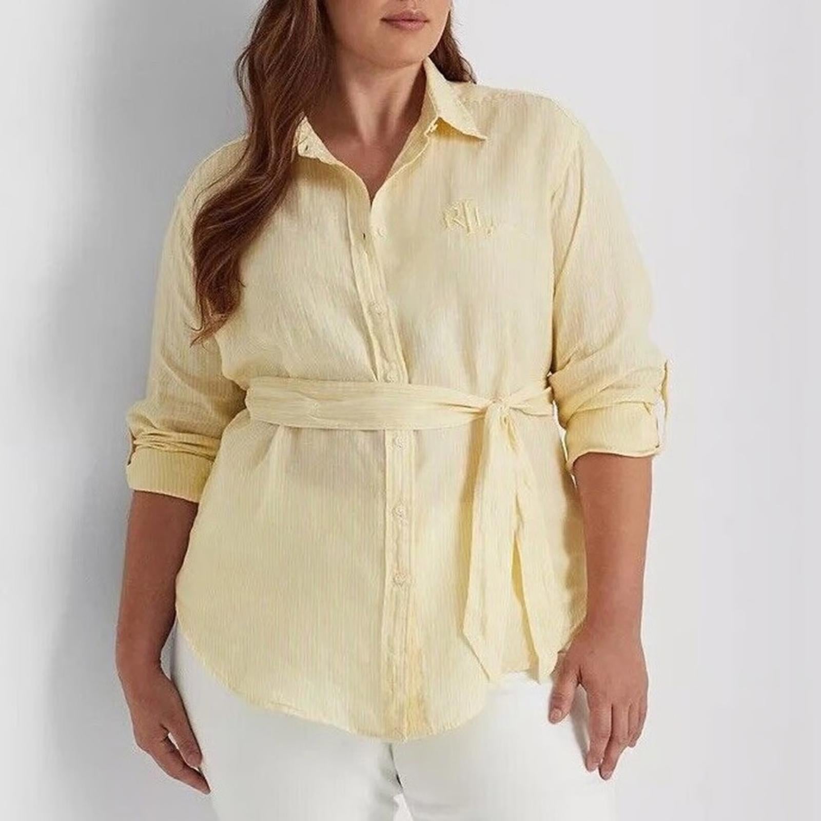 Lauren Ralph Lauren Linen Belted Tunic Blouse in Yellow, Plus Size 2X NEW