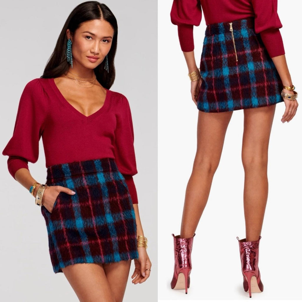 Ramy Brook Cienna Plaid Wool Blend Skirt Sangria/Gemstone Size 10 New w/Tag