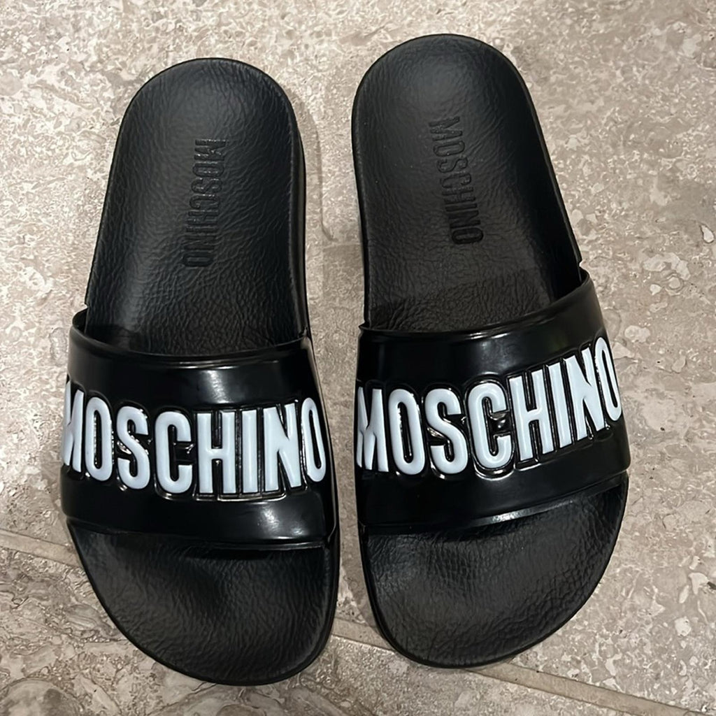 Moschino Logo-Print Slides in Black Size 35 New in Box w/DustBag