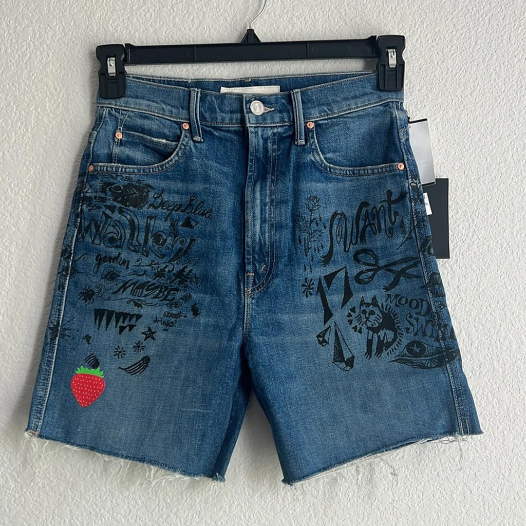 Mother High-Waisted Smokin’ Short Fray Jeans w/Strawberry Patch, Size 26 NWT