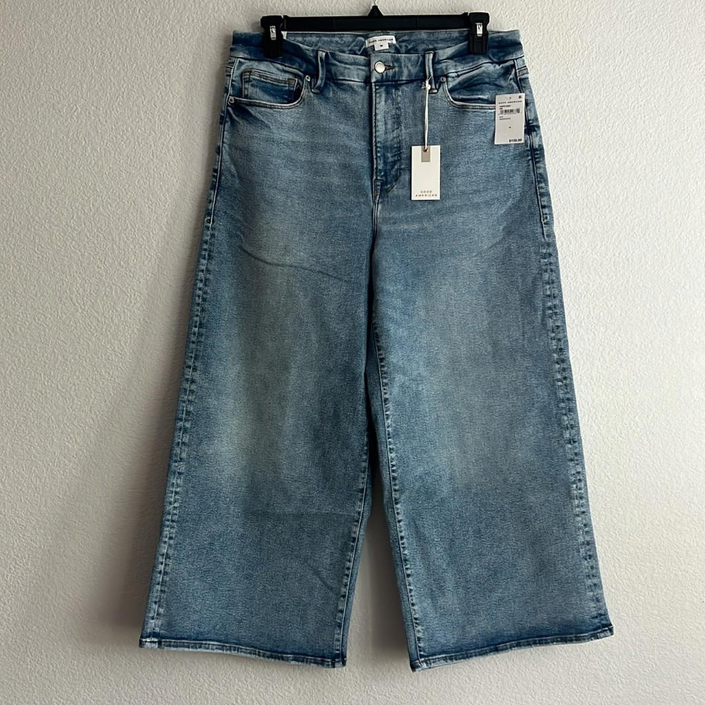 Good American High Rise Cropped Wide Leg Jeans in Blue Indigo, NWT, Size 16