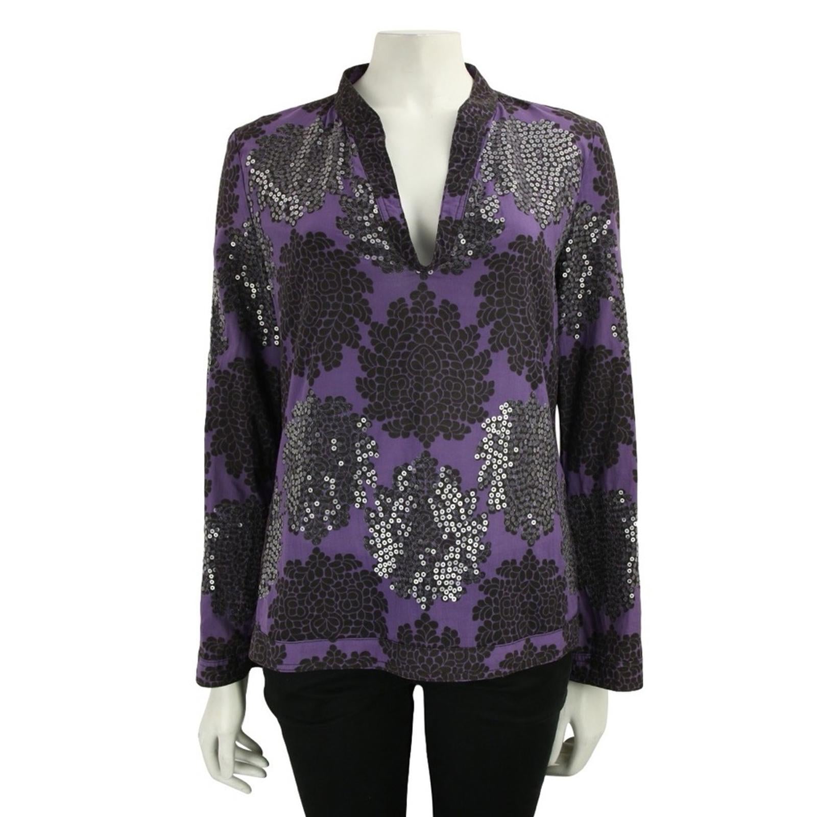 Tory Burch Black Flowers Blouse, Tunic in Purple Grey Size 8
