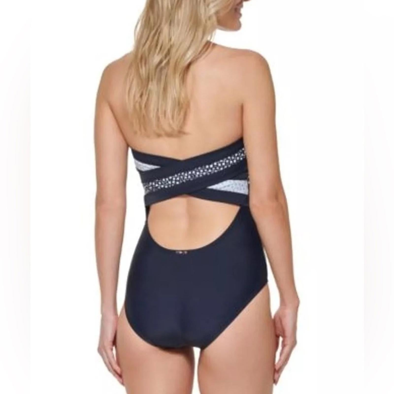 Tommy Hilfiger Iconic Bandeau One-Piece Swimsuit in Sky Captain Multi Size L NWT