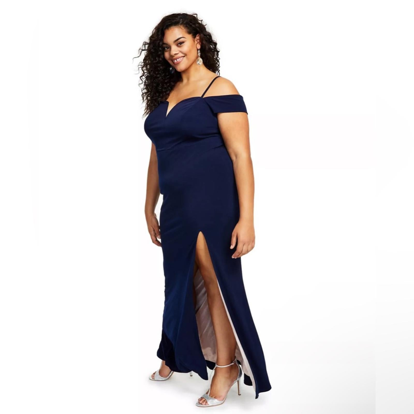 City Studios Trendy Off-The-Shoulder Slit Gown, Navy/Rose Size 16W New w/Tag $99