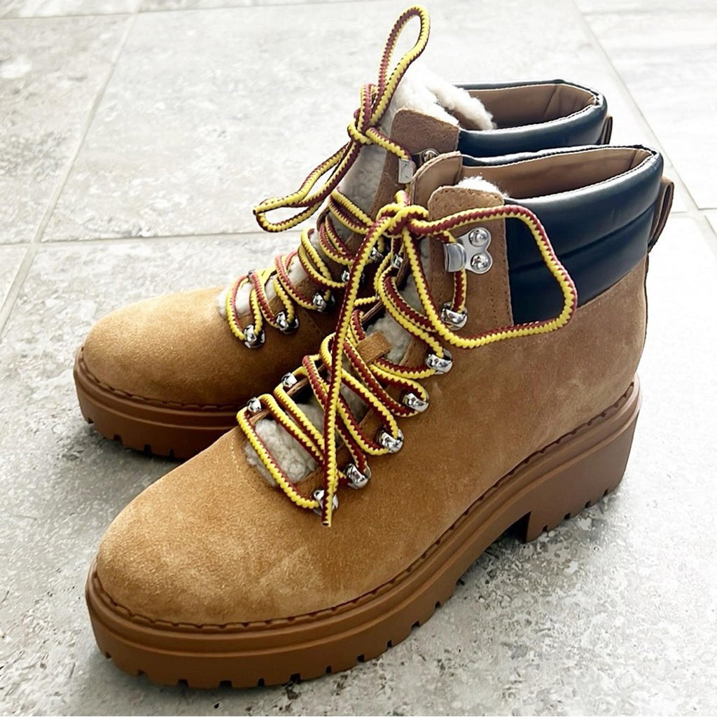 Marc Fisher LTD Nairy Lace-Up Genuine Shearling Lug Sole Bootie Tan, Size 7 NEW