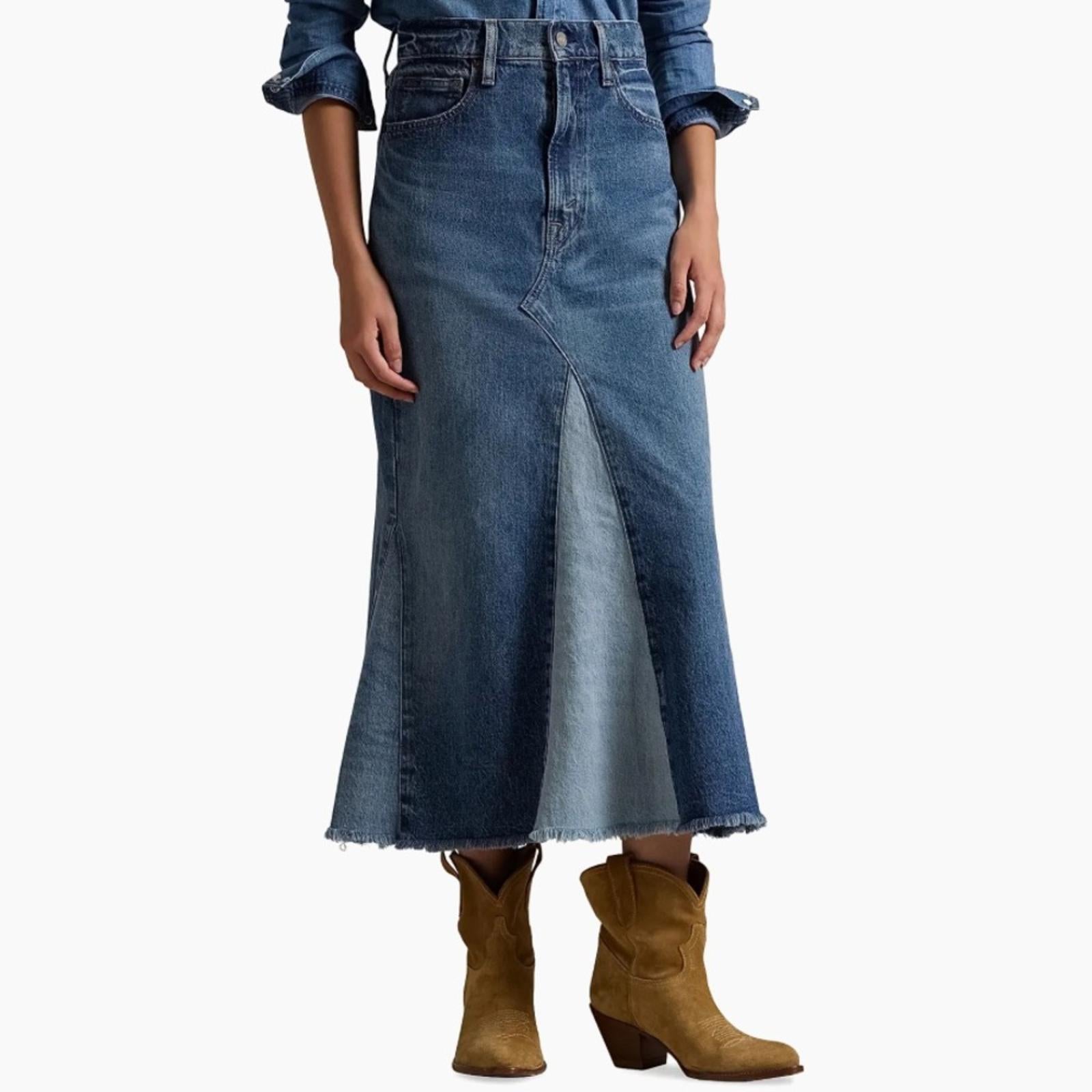 Polo Ralph Lauren Deconstructed Patchwork Denim Midi-Skirt in Blue, Size 28, NEW
