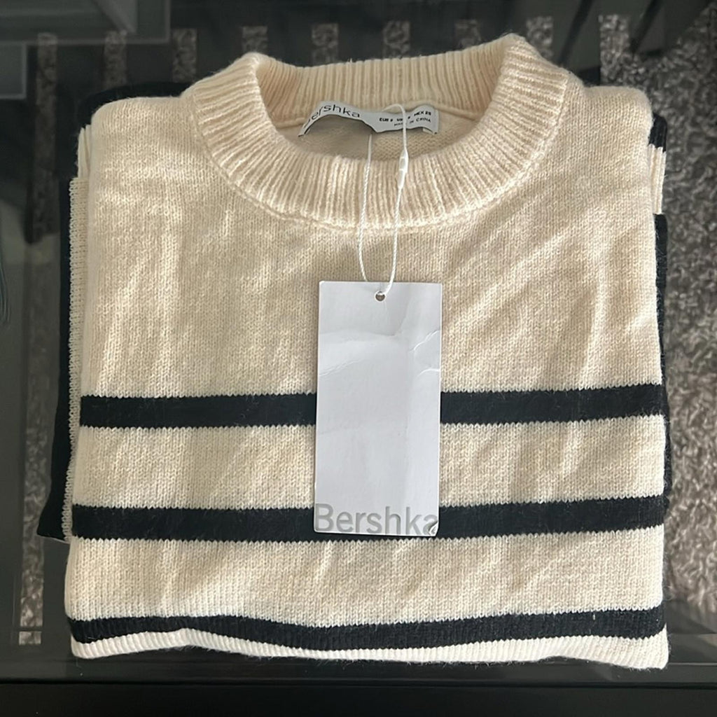Bershka Roll Neck Sweater in Ecru & Black Stripe Sweater, Size S New w/Tag