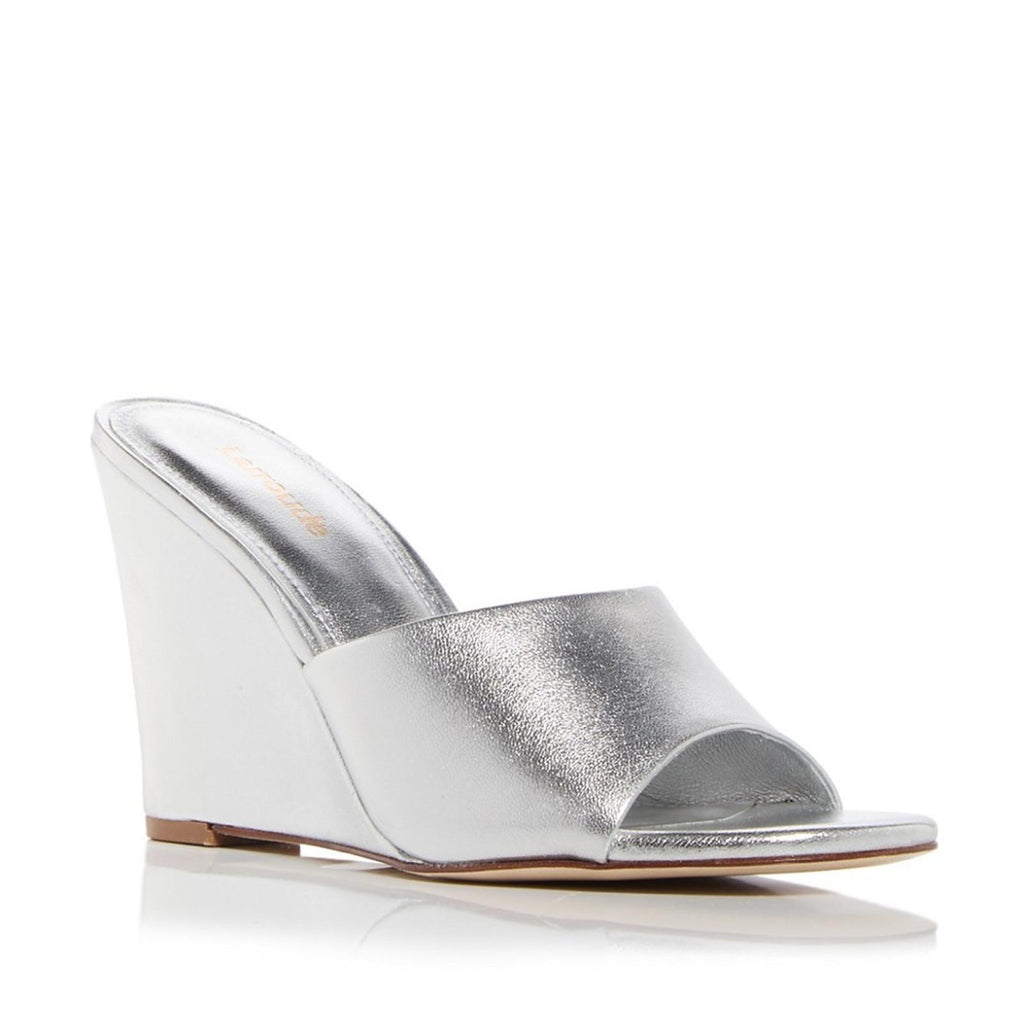Larroude Jackie Wedge Heel Slide Sandals in Metallic Silver Size9.5 New +DustBag