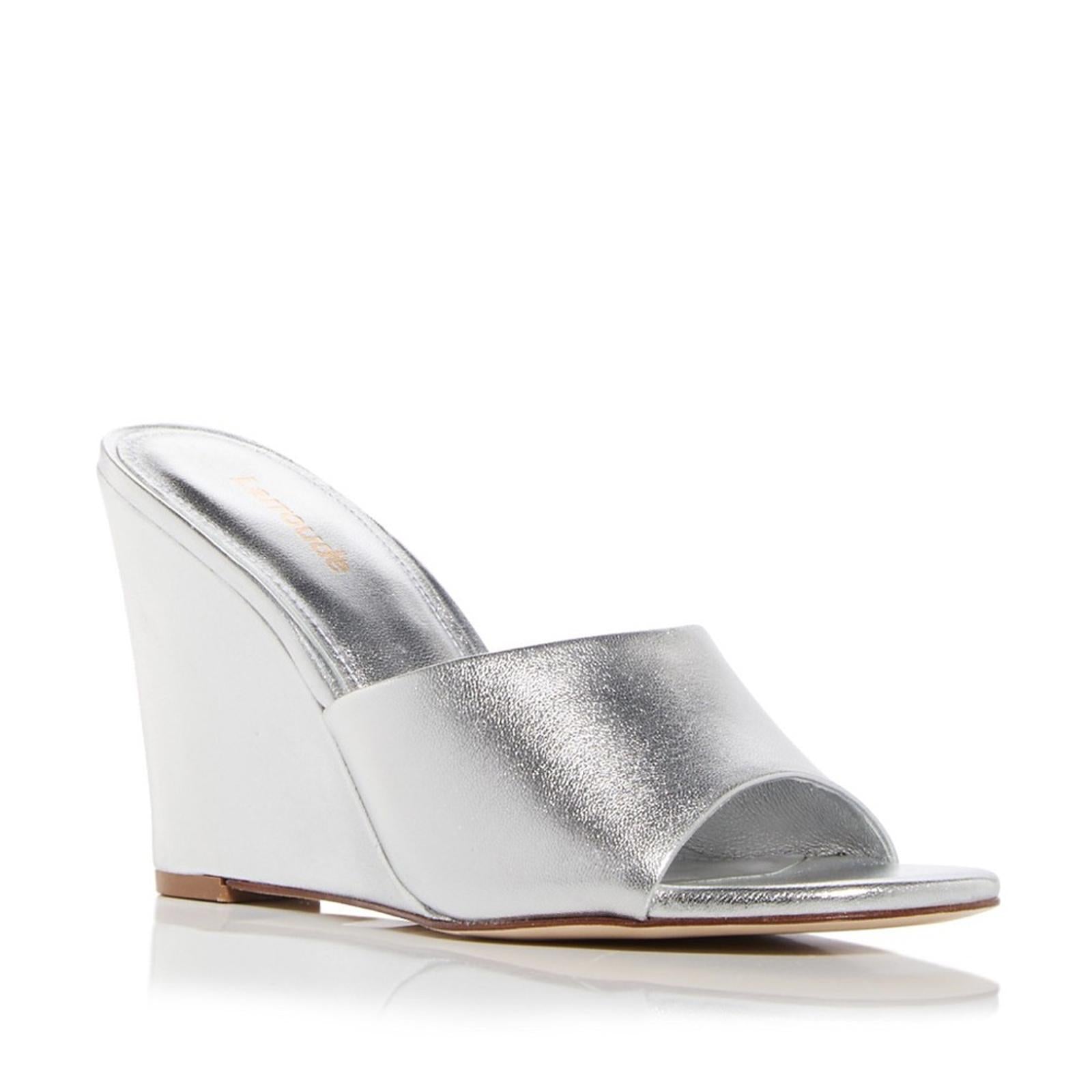 Larroude Jackie Wedge Heel Slide Sandals in Metallic Silver Size9.5 New +DustBag