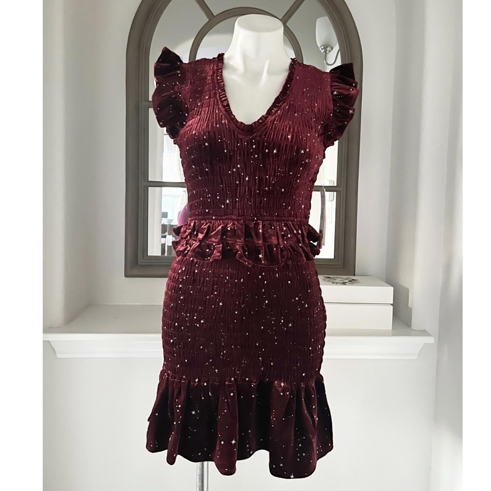 Aqua Velvet Smocked Mini Dress in Burgundy w/Star Print, Size S New w/Tag $88