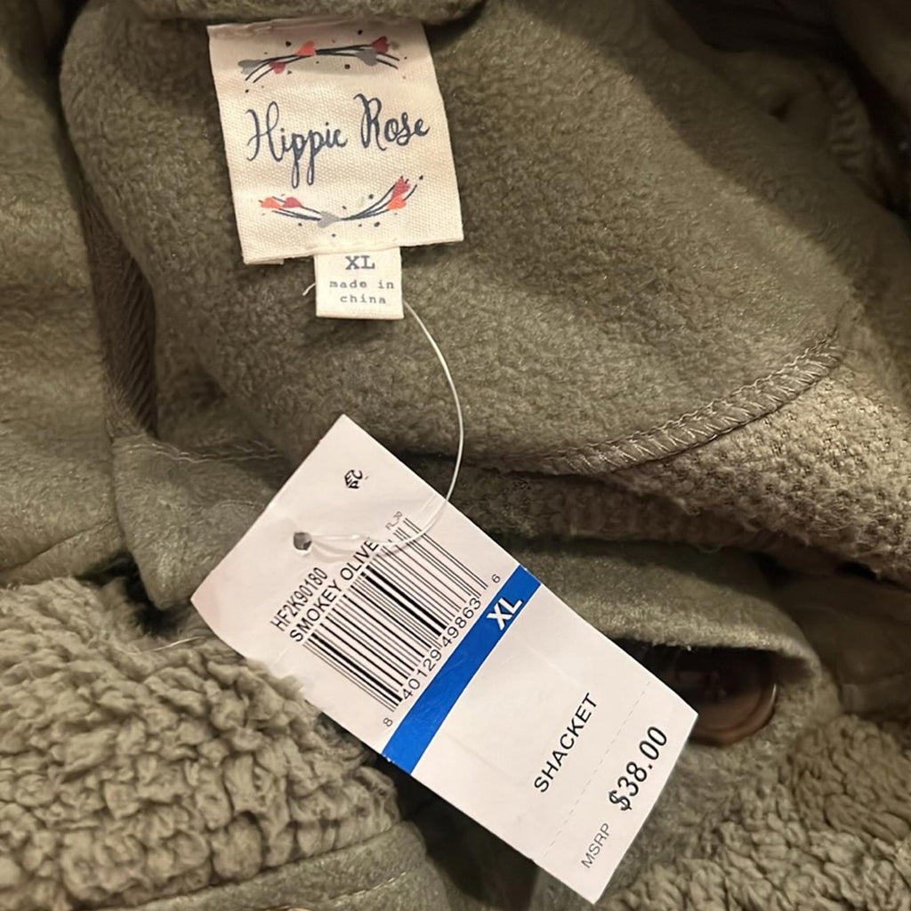 NEW Hippie Rose Juniors' Sherpa Contrast-Trimmed Shacket, Smokey Olive Size XL