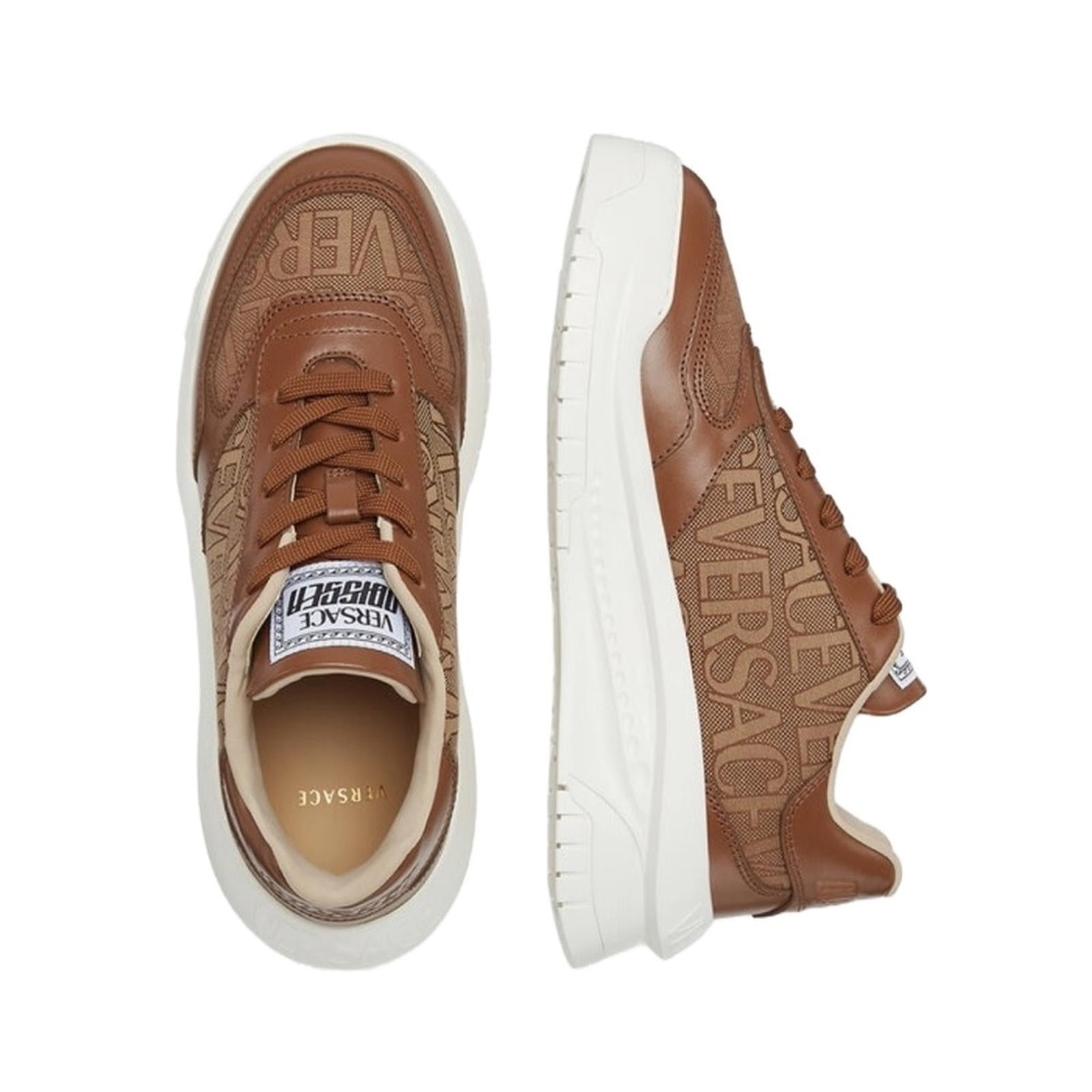 Versace AllOver Logo Odissea Low-Top Men’s Sneakers, Beige/Brown, NEW, Size 42.5