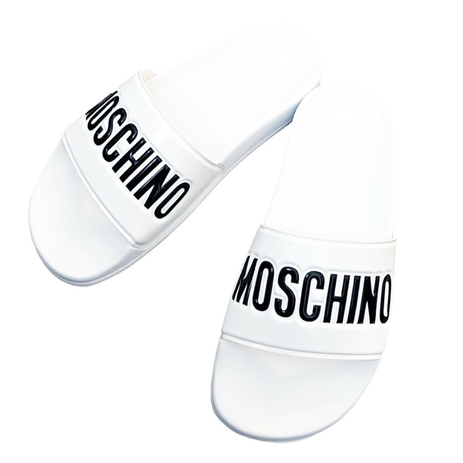 MOSCHINO Logo Slide Sandals in White, Size 38 New in Box