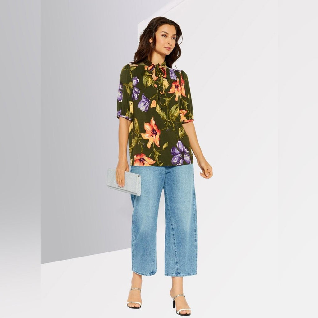 Ralph Lauren Floral Jersey Tie-Neck Blouse in Farm Olive, Plus Size XXL, NWT