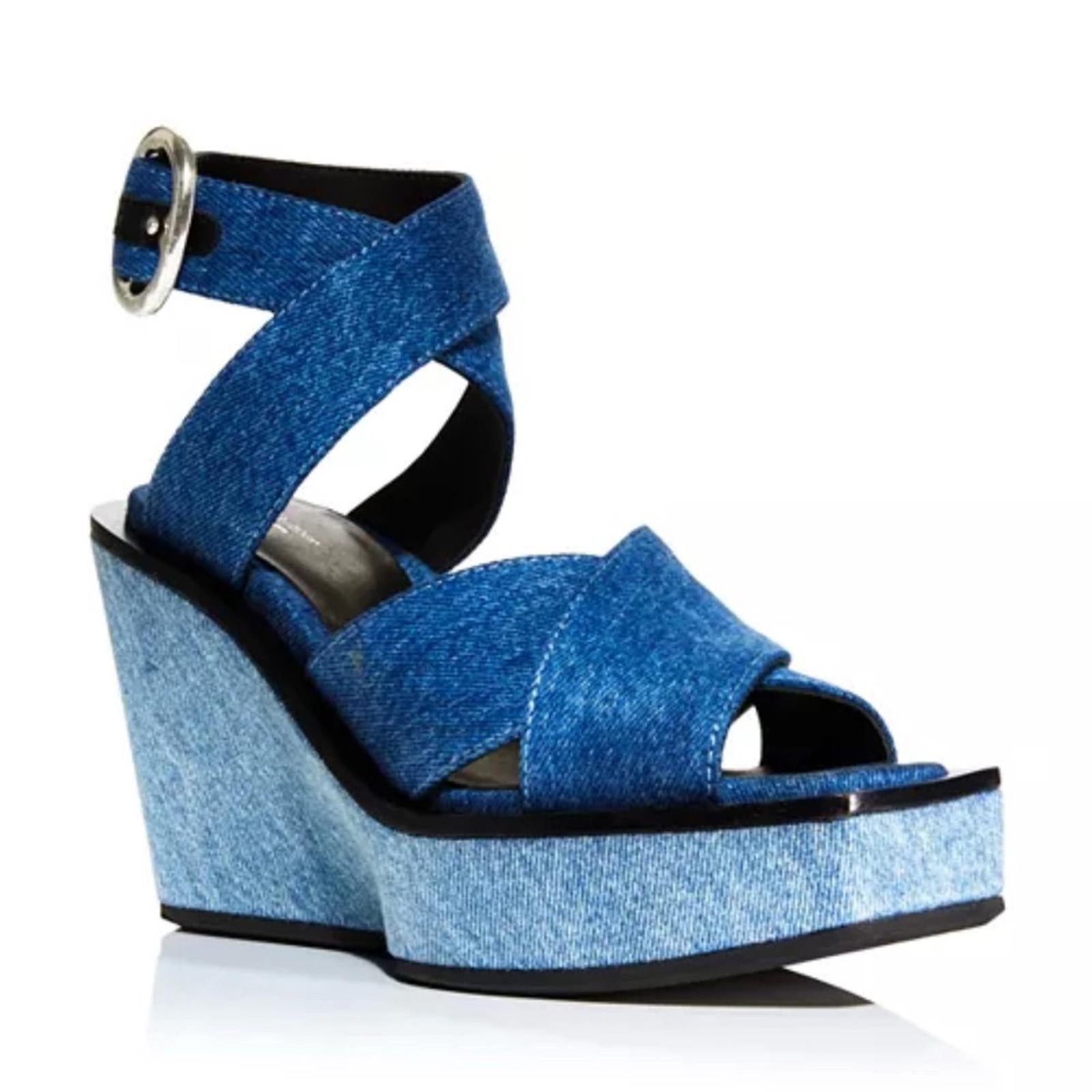 Rag & Bone Santiago Ankle Strap Platform Wedge Sandals Denim, Size 8.5/38.5 NWT