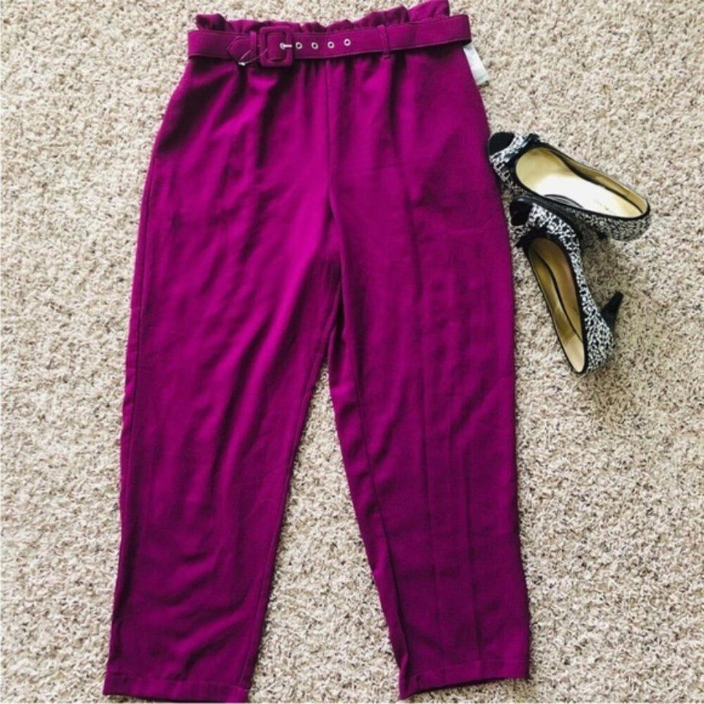 June & Hudson Belted Paper Bag High-Waisted Pants in Fuschia, Size L EXCELLENT