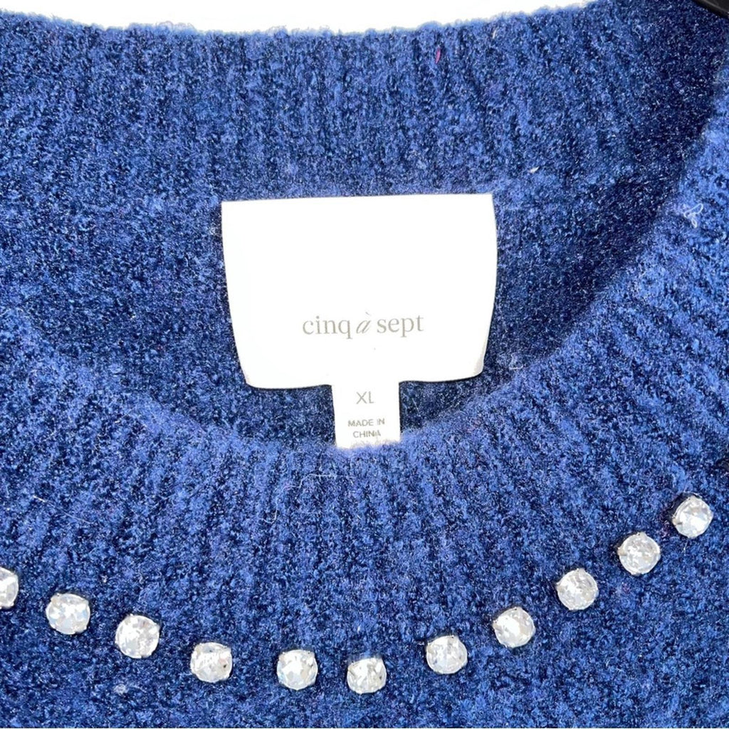 Cinq à Sept Dara Embellished Wool Sweater, Midnight Blue Size XL NEW w/Tag $325
