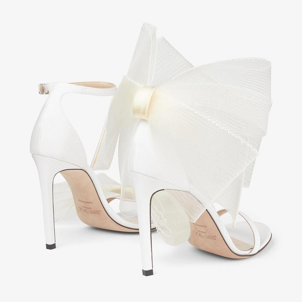 Jimmy Choo Aveline 100 Sandals w/Asymmetric Grosgrain Mesh Fascinator Bows NEW