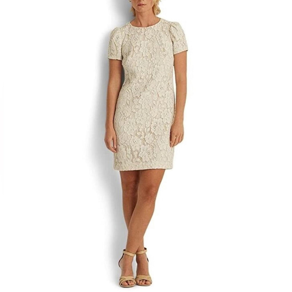 Lauren Ralph Lauren Puff-Sleeve Lace Cocktail Dress in Cream Size 10 NWT $225