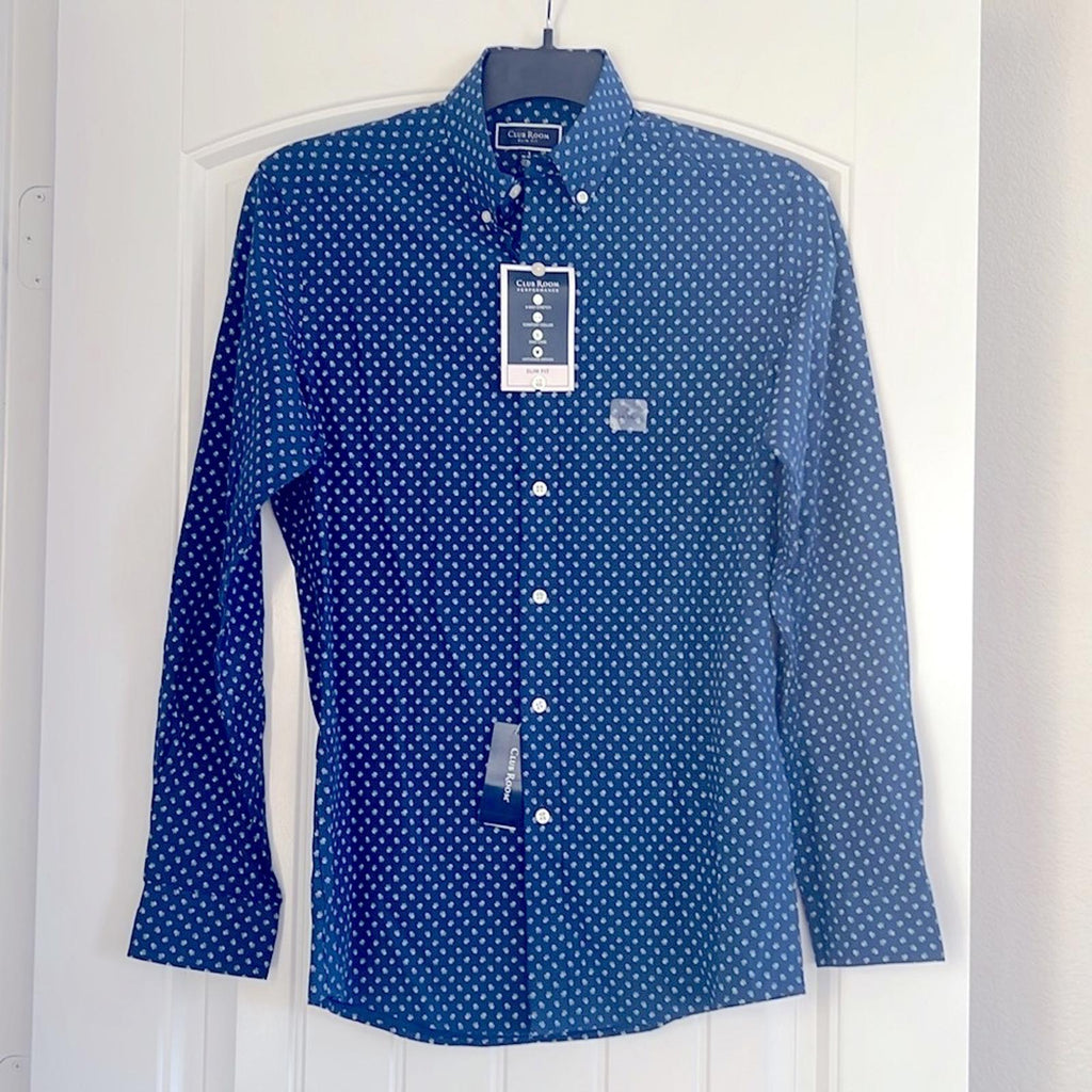 Club Room Ditsy Floral Button Down Dress Shirt Navy White, Size S (14-14.5) NWT