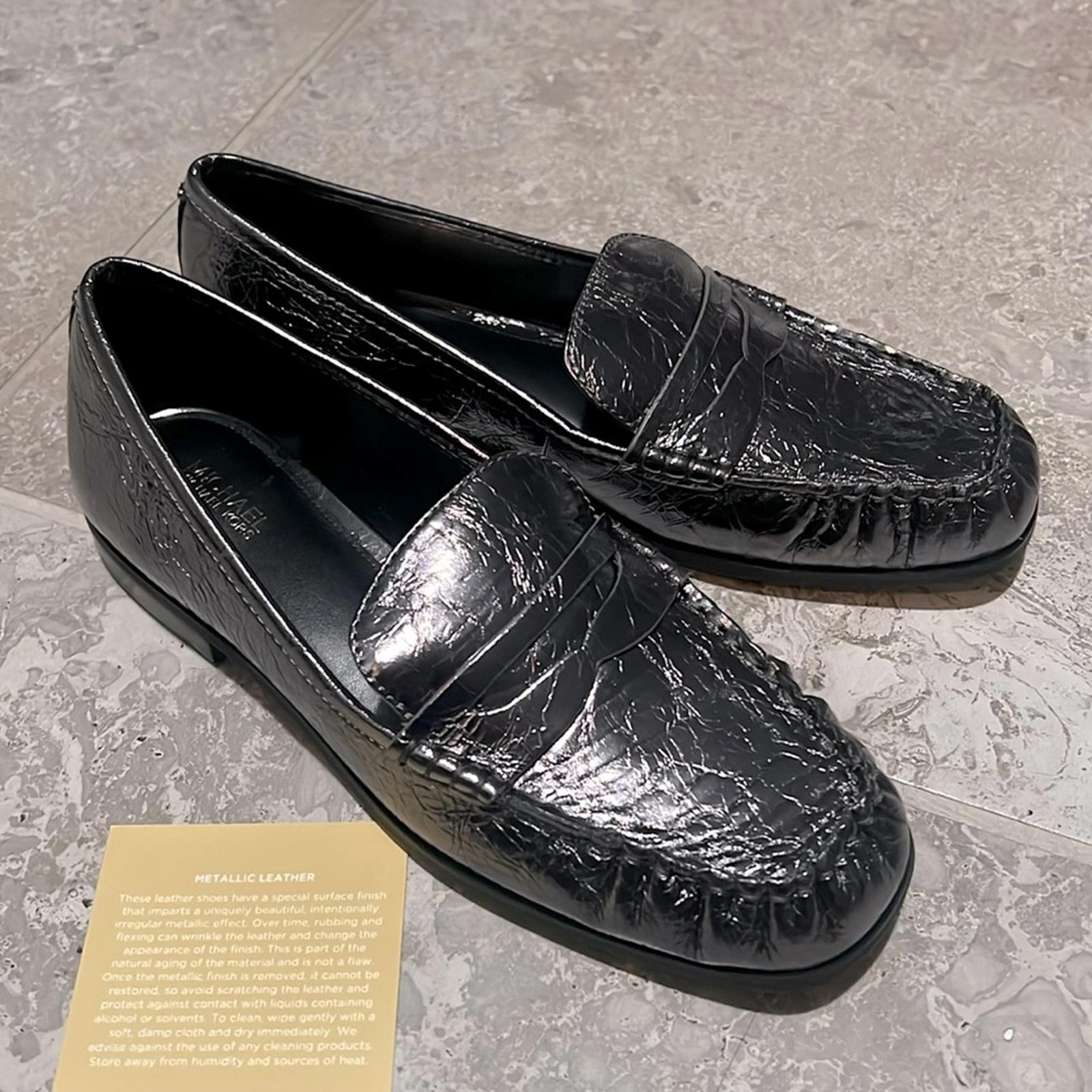 Michael Kors Carlson Metallic Crush Leather Loafers in Gunmetal, NWT, Size 9