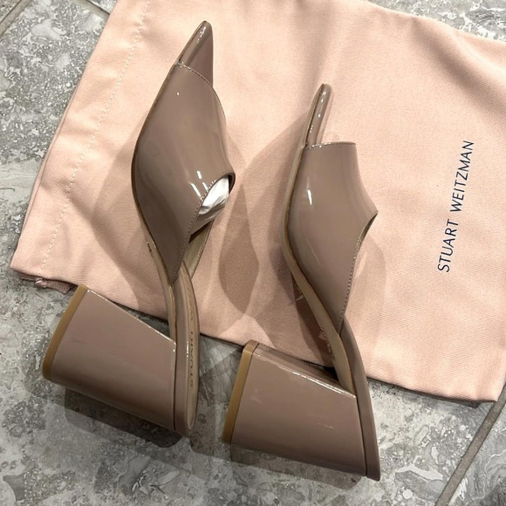 Stuart Weitzman Tia 85 Flared Block Heel Sandals Fawn Patent Leather Size 9 NEW
