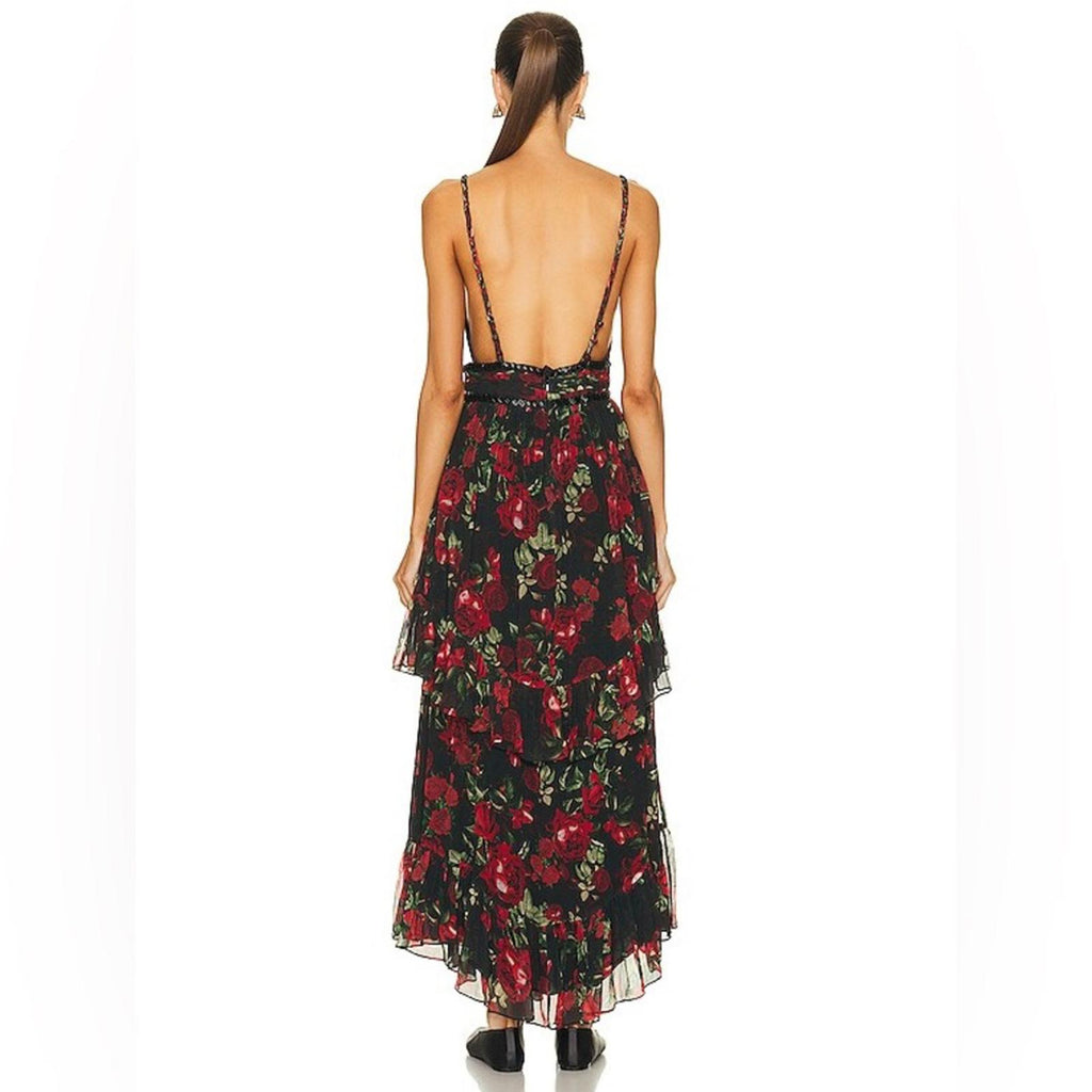 Rococo Sand Tiered Maxi Dress in Black/Red Roses, NWT, Size XS Retail $478