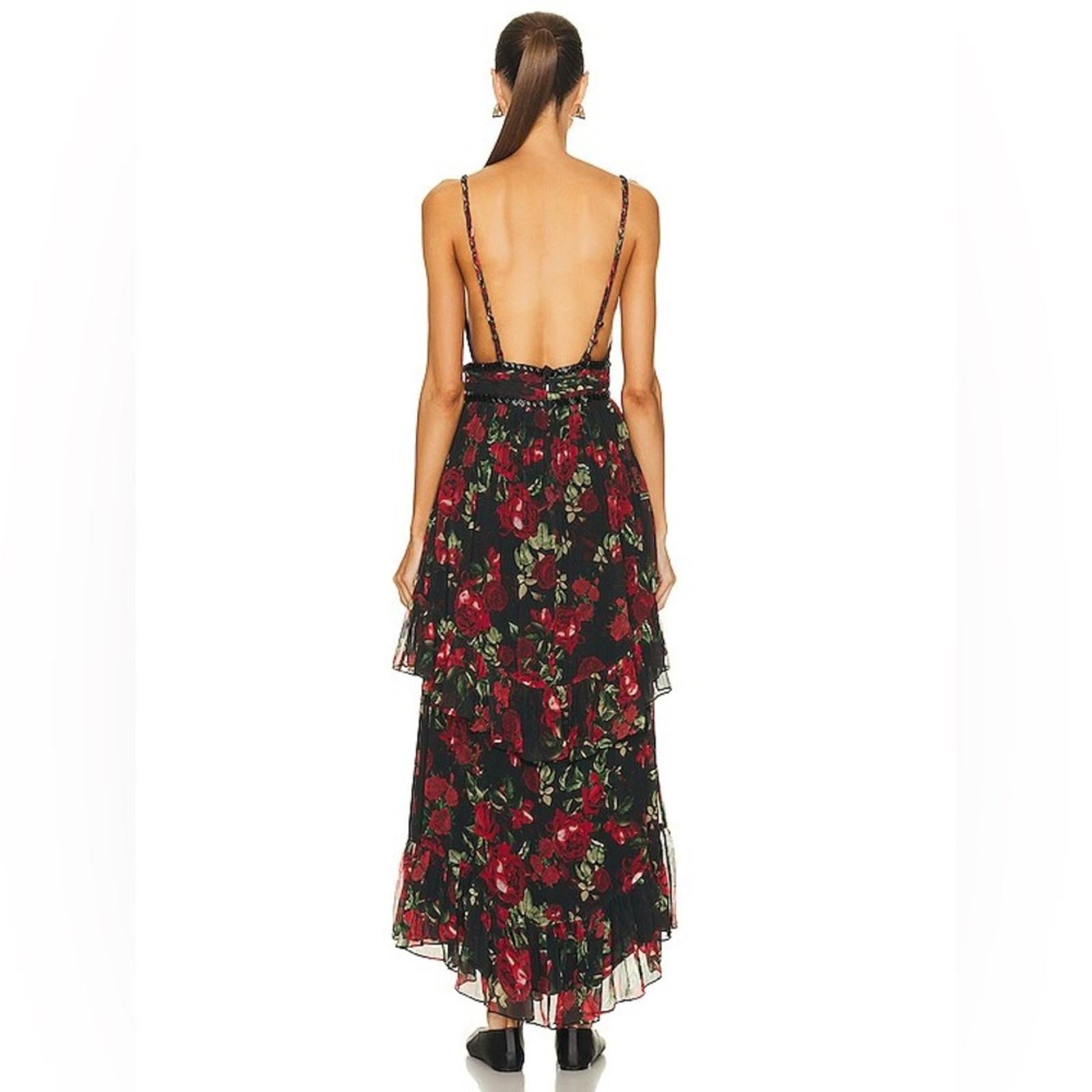 Rococo Sand Tiered Maxi Dress in Black/Red Roses, NWT, Size XS Retail $478