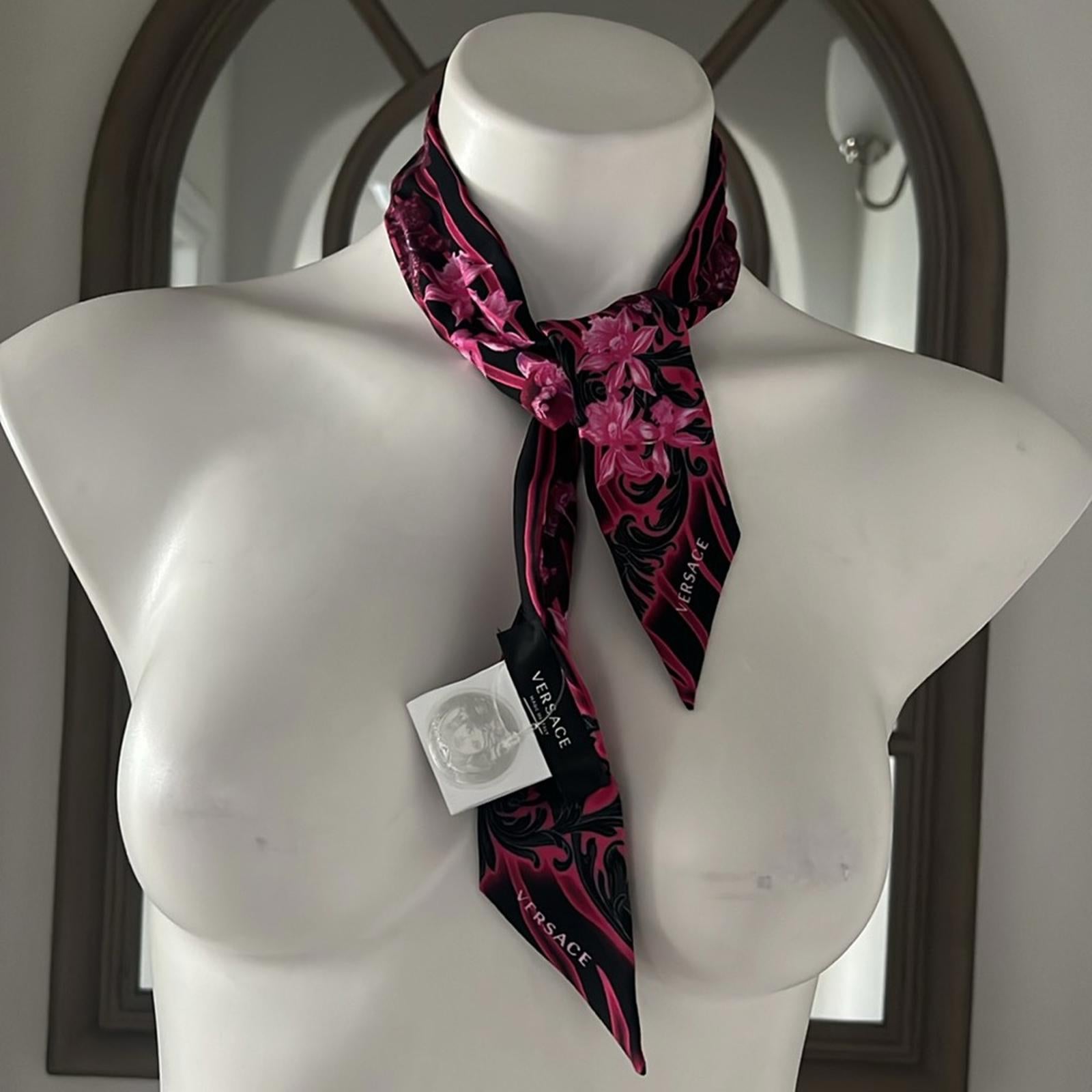 VERSACE Orchid Print Silk Skinny Scarf, NEW w/Tag