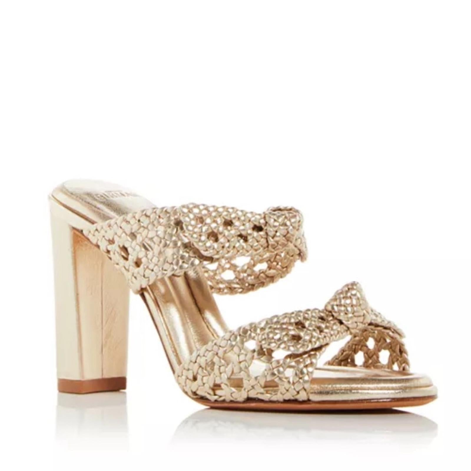Alexandre Birman Clarita Braided Block Heel Sandals, Golden Size 37.5 NEW $795