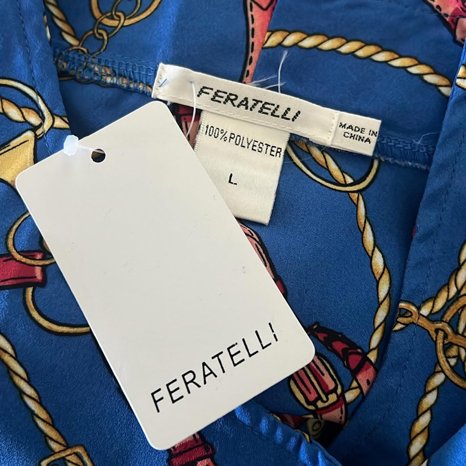 NEW Feratelli Tunic Blue Status Print Blouse Top Blue, Size L New with Tag