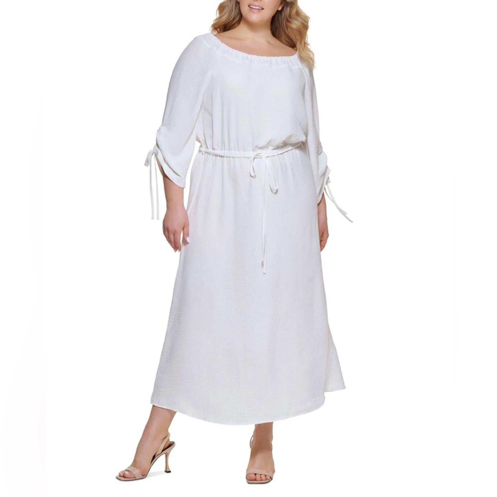 Calvin Klein Off-The-Shoulder Blouson Maxi Dress in Cream White, NWT, Size 18