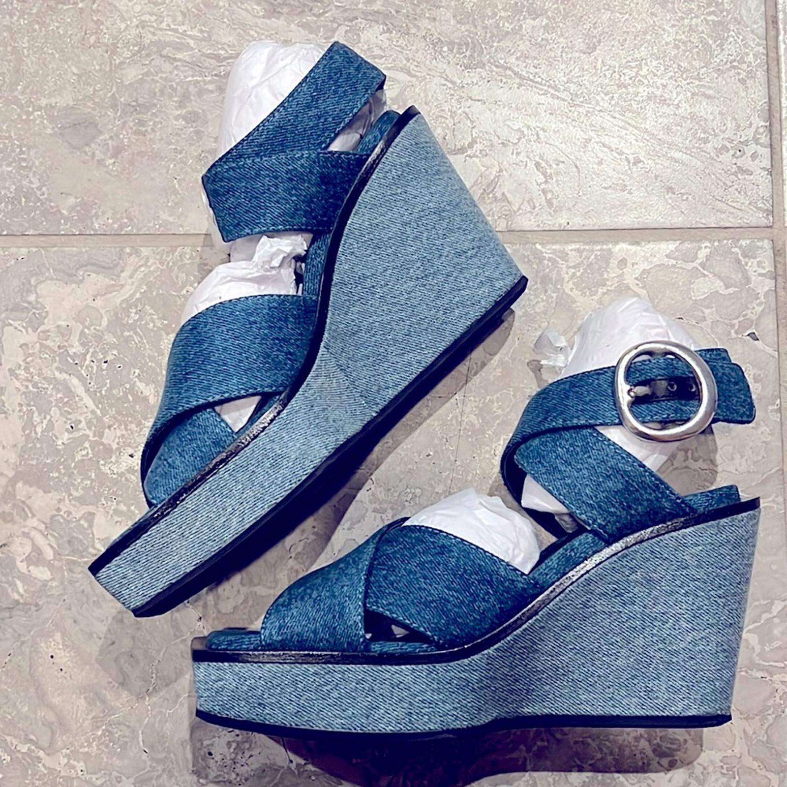 Rag & Bone Santiago Ankle Strap Platform Wedge Sandals Denim, Size 8.5/38.5 NWT