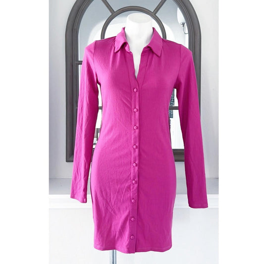 AFRM Ribbed Knit Collared Long Sleeve Button Front Shirt-Dress Berry, Size M NWT