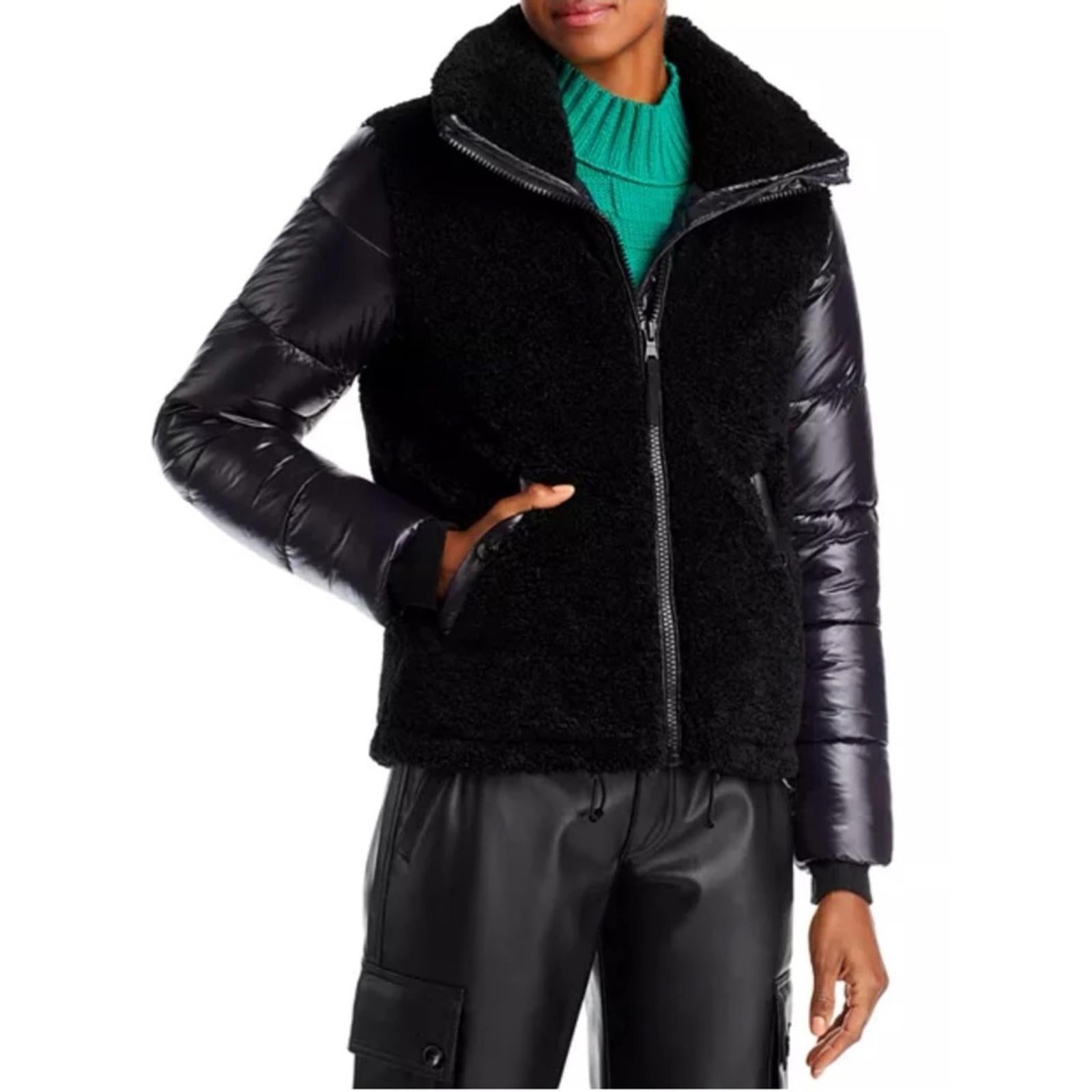 Aqua Bloomingdale’s Mixed Media Puffer Coat Jacket in Black, Size XL NEW w/Tag