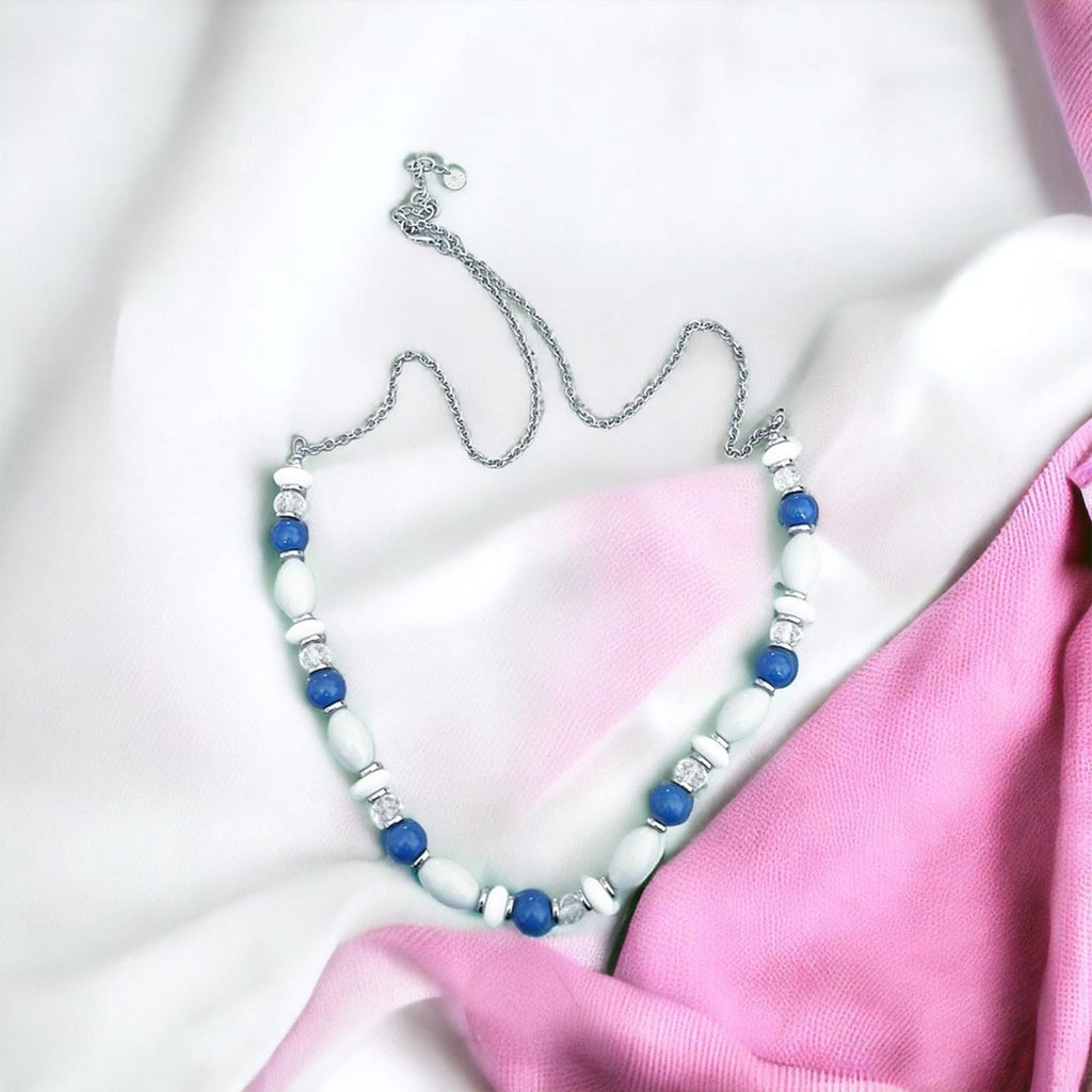 Talbots Silver-Tone Beaded Necklace in Blue, White