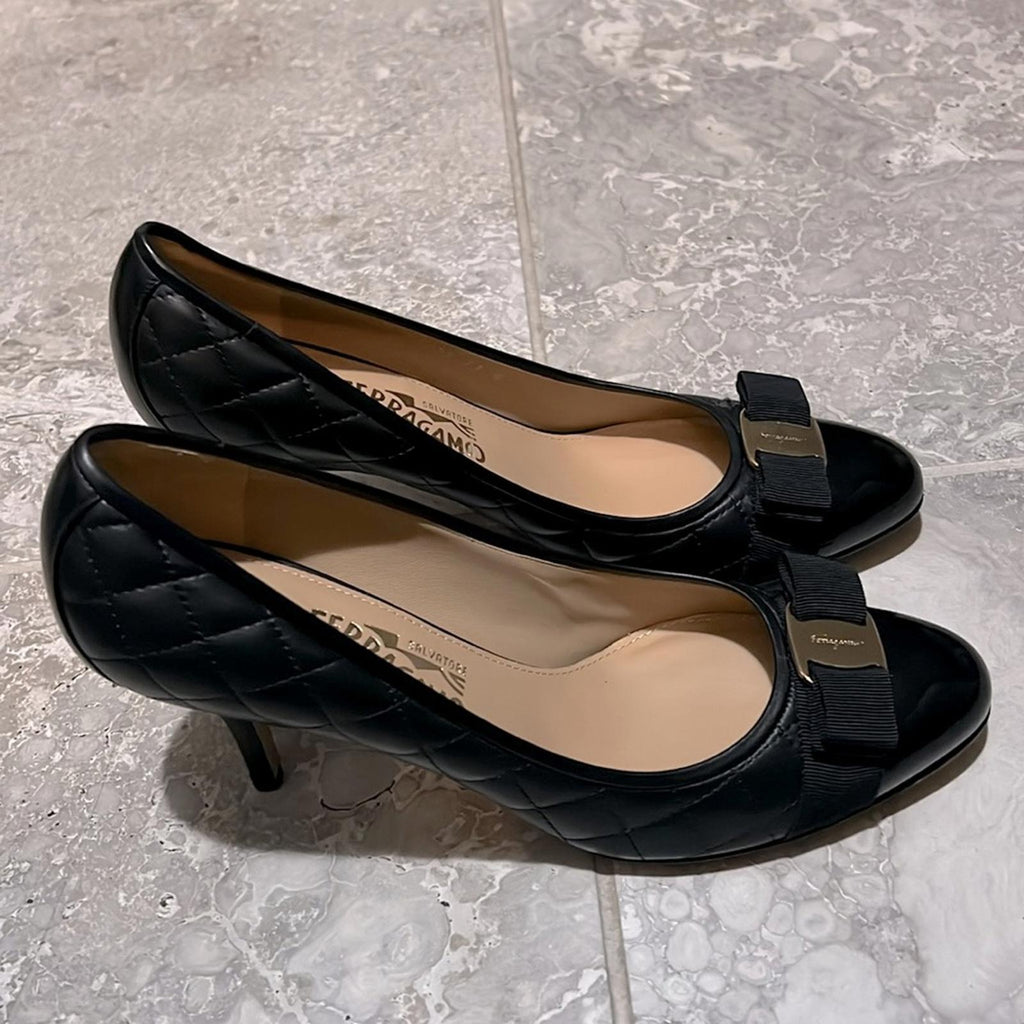 Ferragamo Carla Quilted Leather Cap Toe Pumps in Black, NWT, Size 11 B