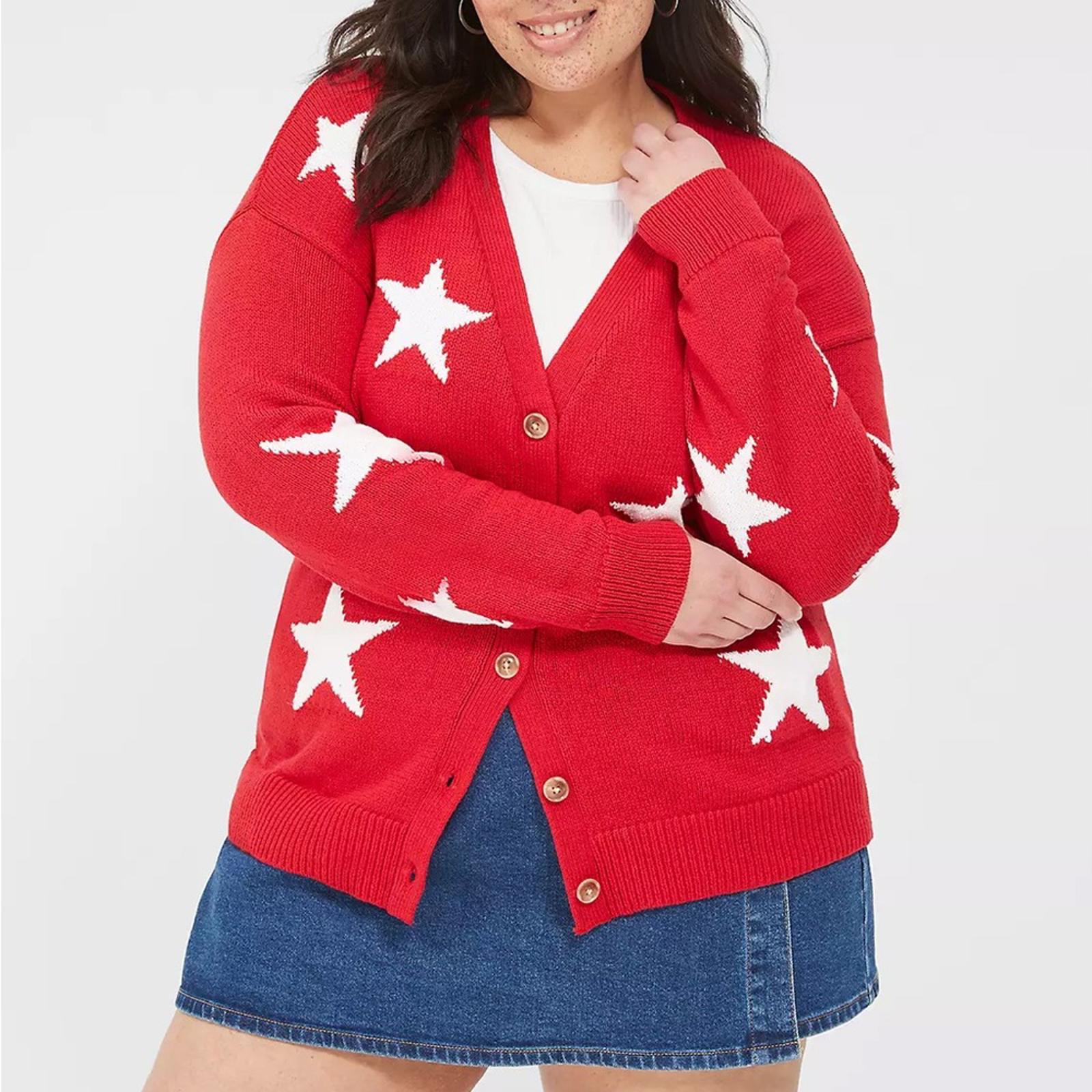 NEW Lane Bryant V-Neck Button-Front Star Cardigan Red/White Size 14/16