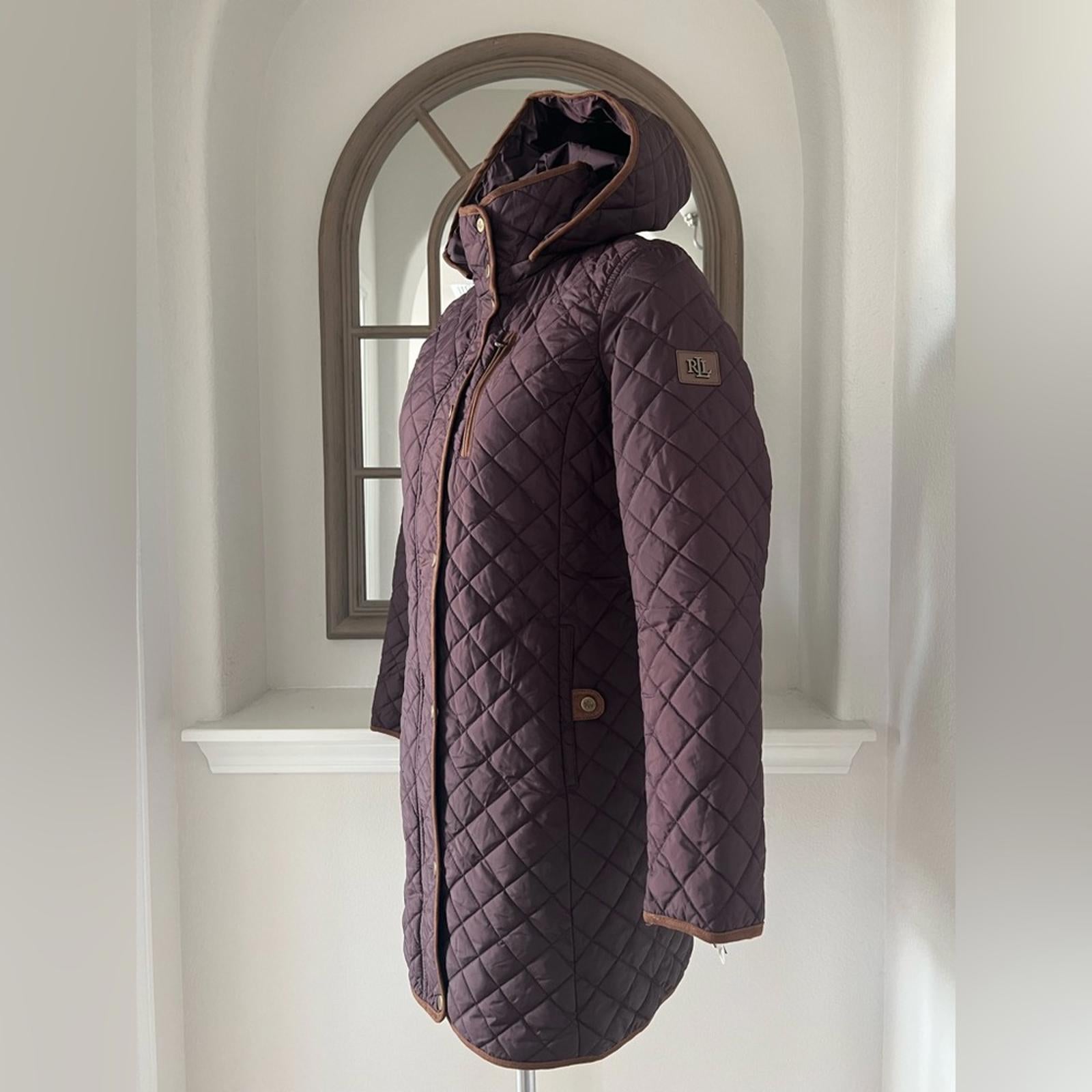 Lauren Ralph Lauren Faux-Leather-Trim Hooded Quilted Coat, Size S New w/Tag
