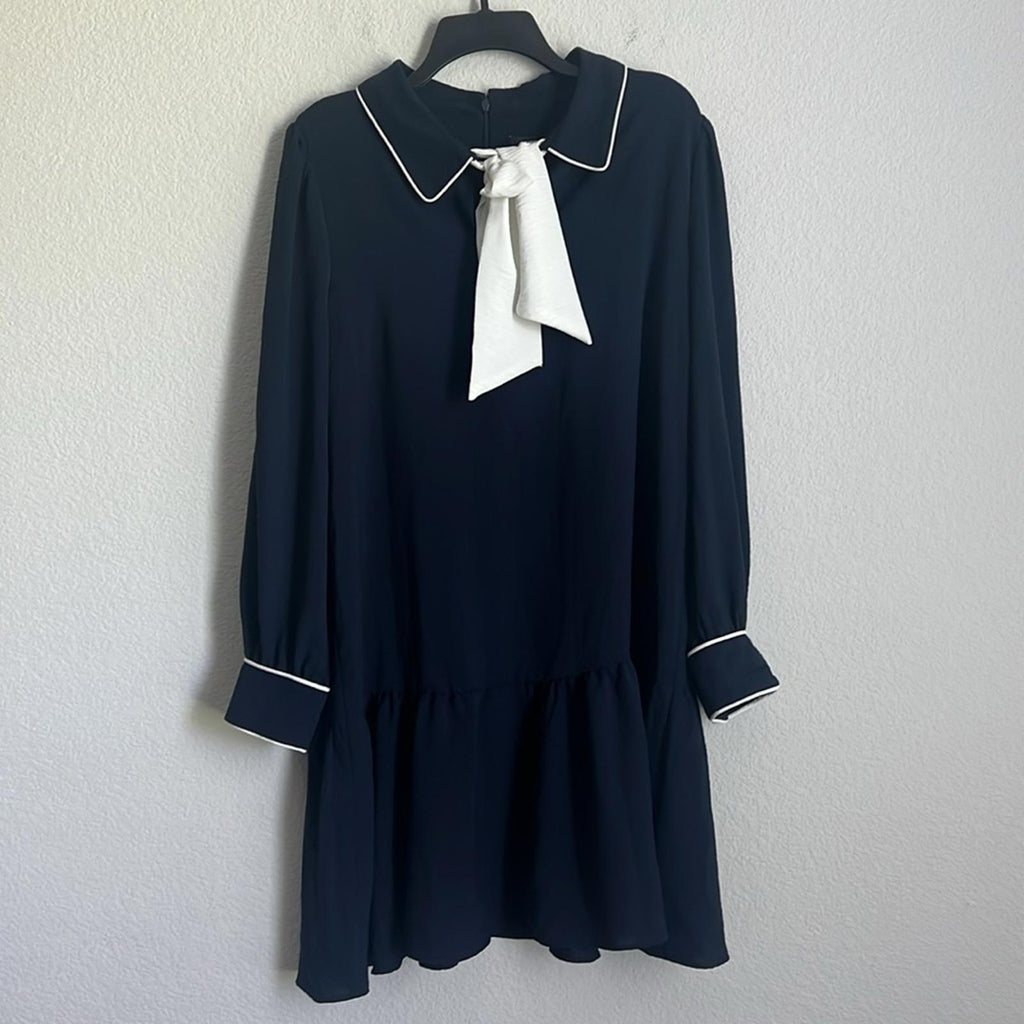 DKNY Contrast-Trim Trapeze Dress in Navy/White, Size 16 NEW w/Tag