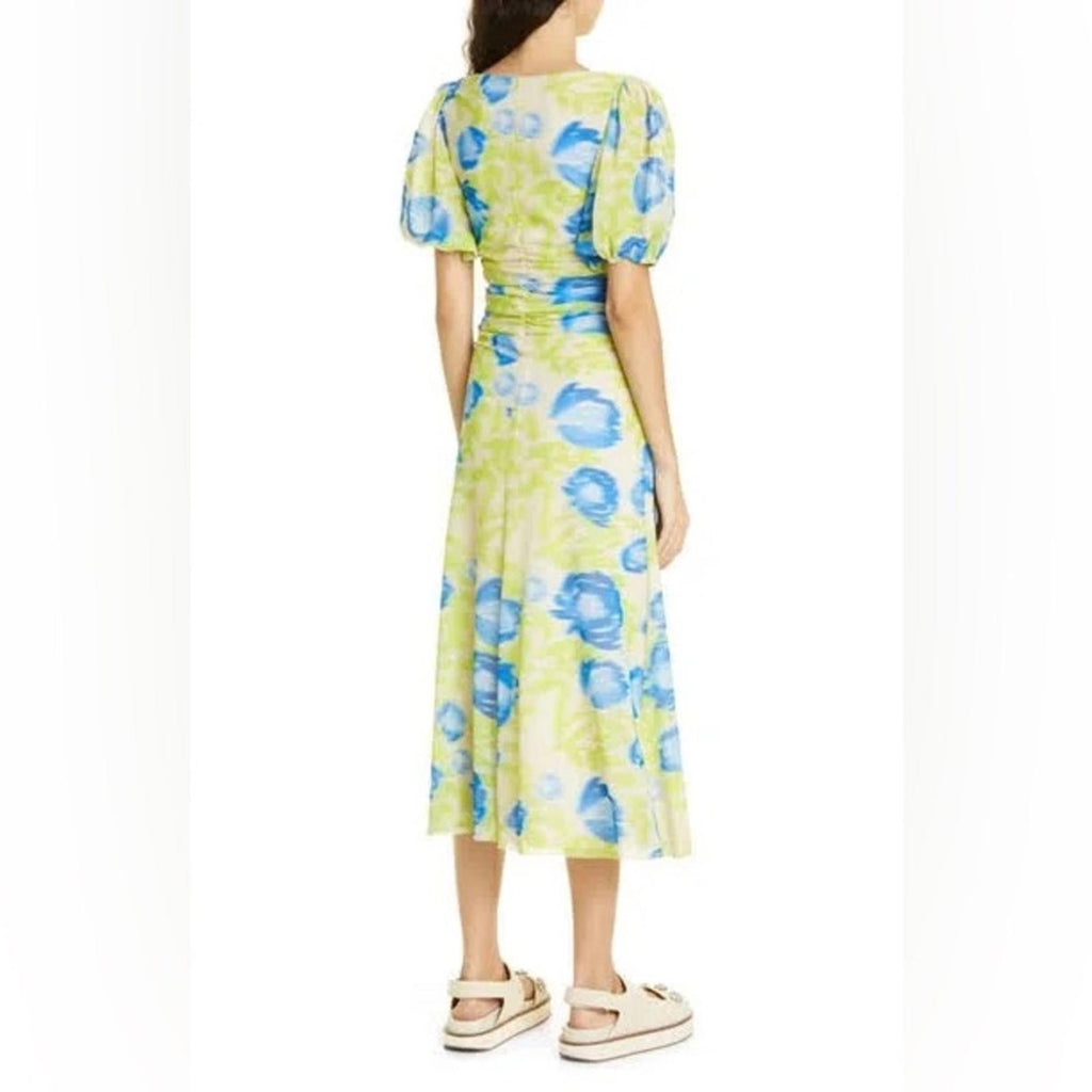 GANNI Crisscross Abstract-Printed Mesh Puff-Sleeve Midi Dress New w/Tag $445