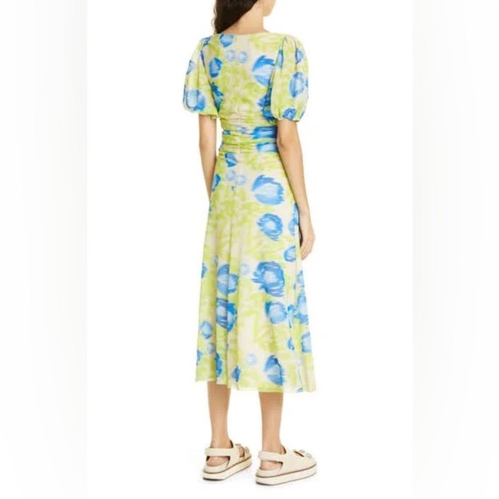 GANNI Crisscross Abstract-Printed Mesh Puff-Sleeve Midi Dress New w/Tag $445