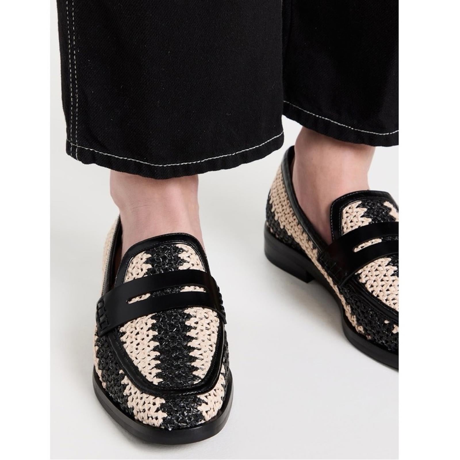 3.1 Phillip Lim Alexa Raffia & Leather Penny Loafers in Antique White/Black NEW