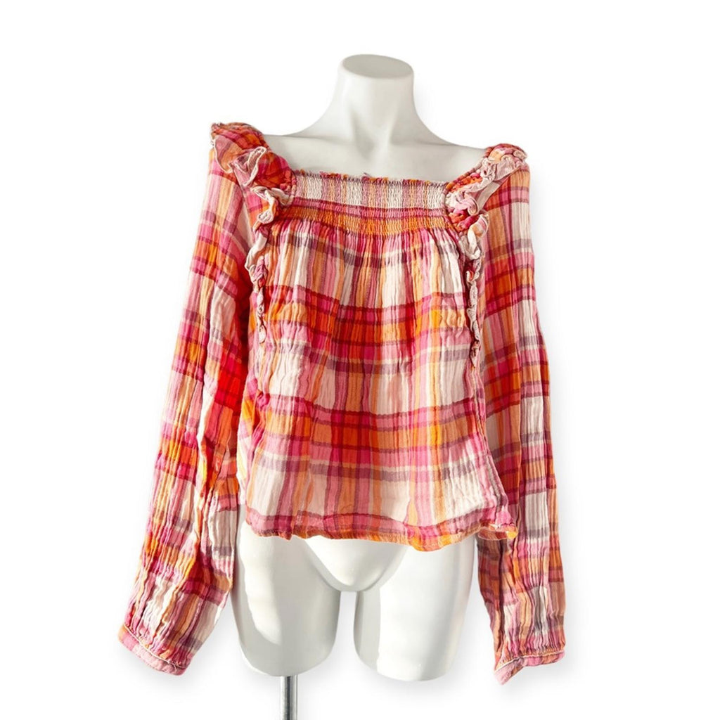 Free People Plaid Ruffle Top Long Sleeve Size L NWT $118.00