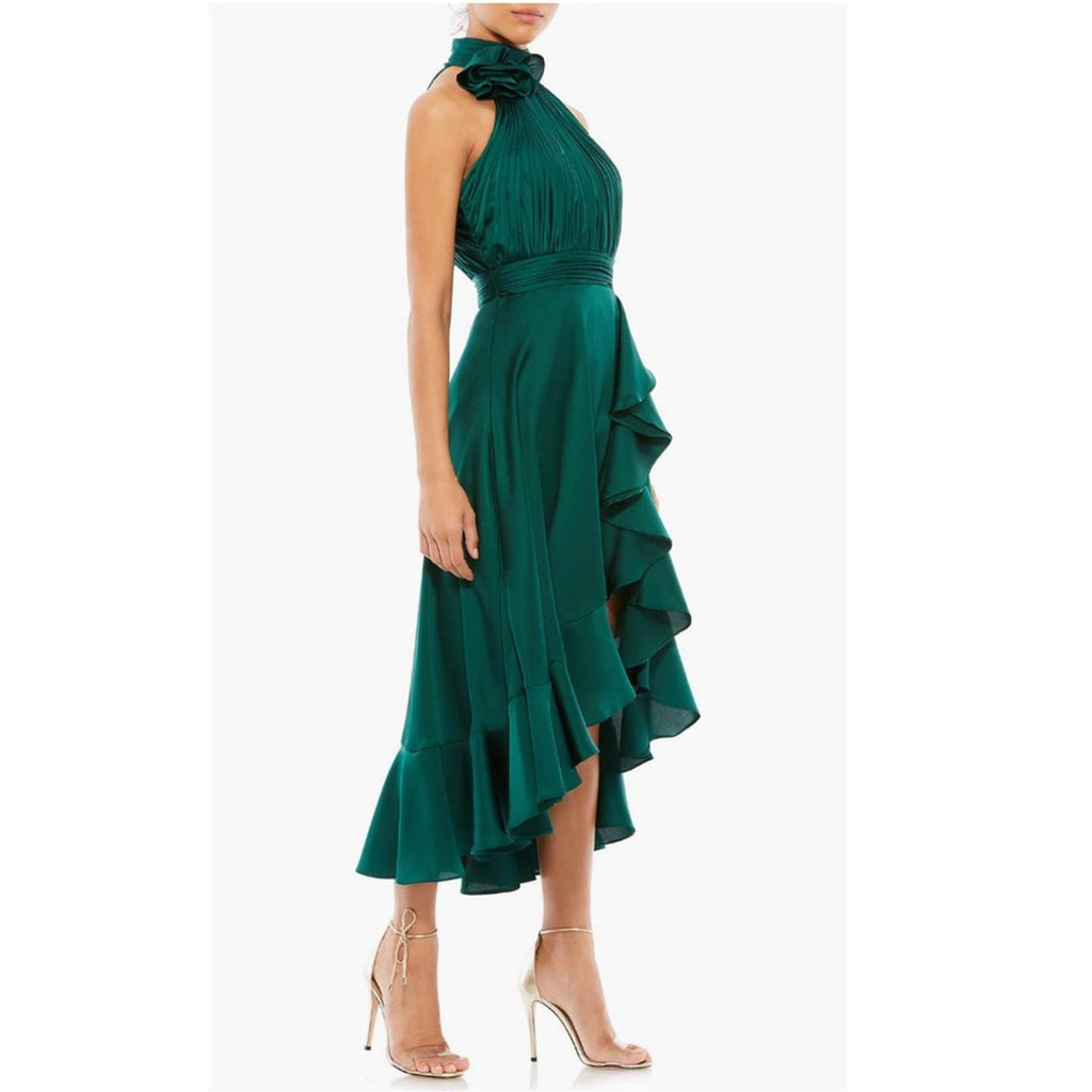 Mac Duggal Pleated Bodice High-Low Satin Cocktail Dress in Emerald Green NWT