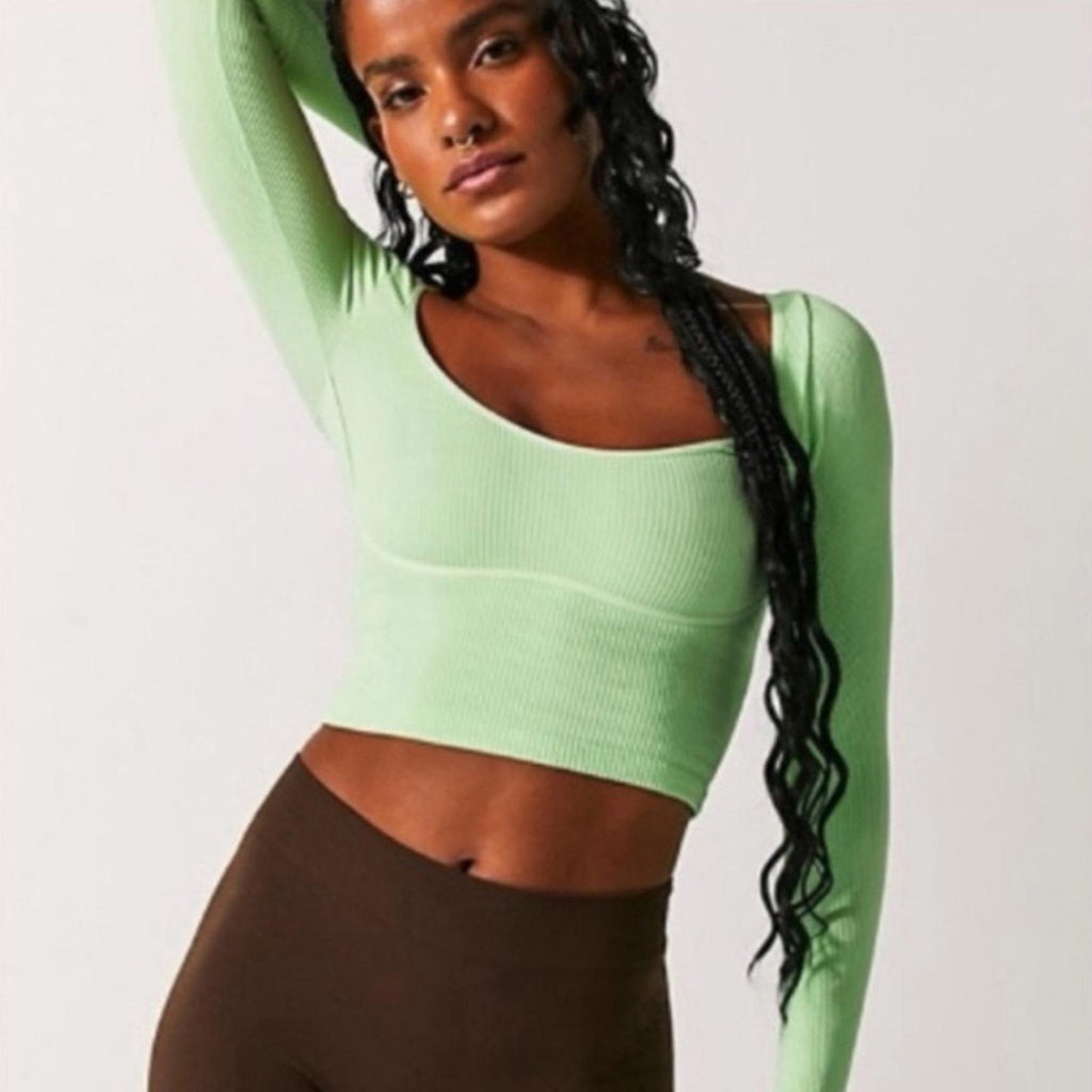 NEW Free People Meg Rib Long Sleeve Cropped Top Light Green Size XS/S New w/oTag
