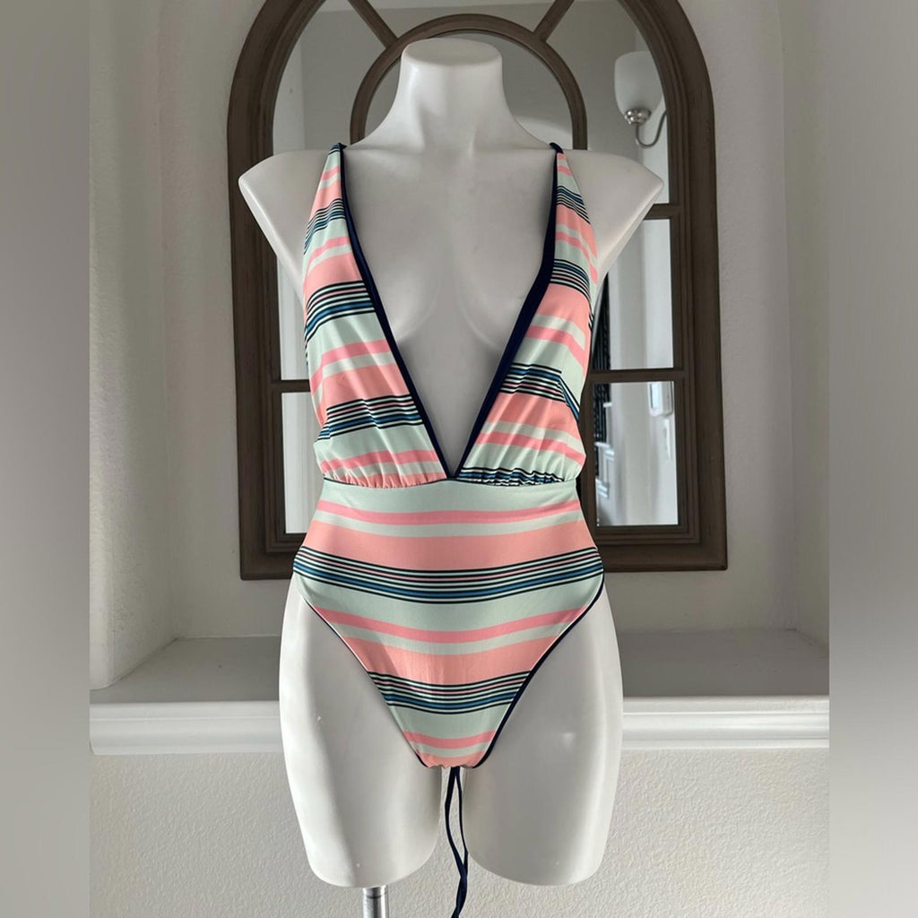 Maaji Safari Reversible Plunge One-Piece Swimsuit Stripe/Solid, Blue New w/Tag